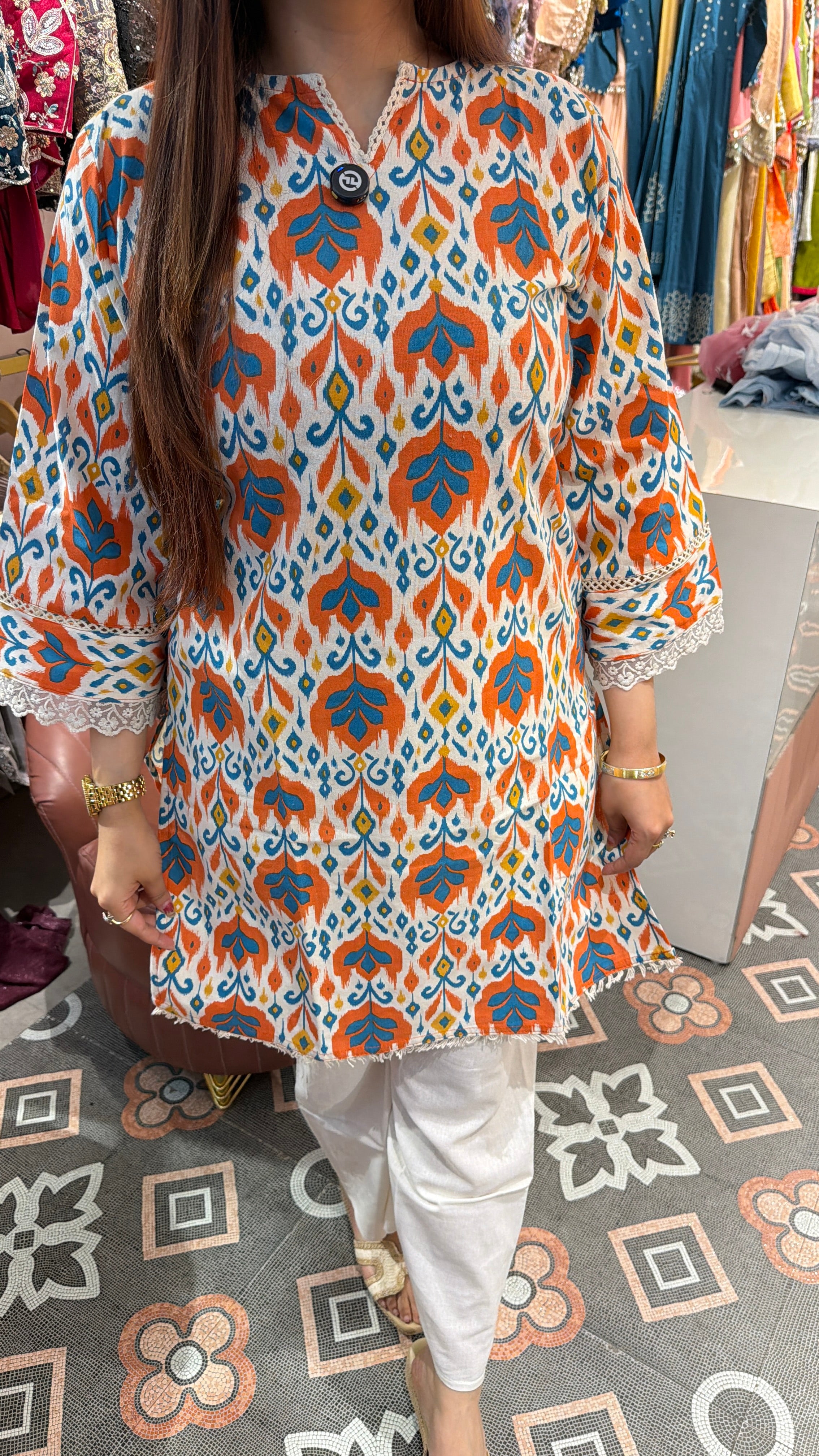 Orange & Blue Ikat Print Cotton coord set