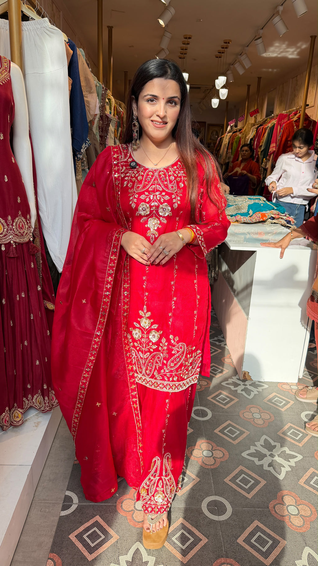 Red Embroidered Straight-Cut Kurta Palazzo Suit