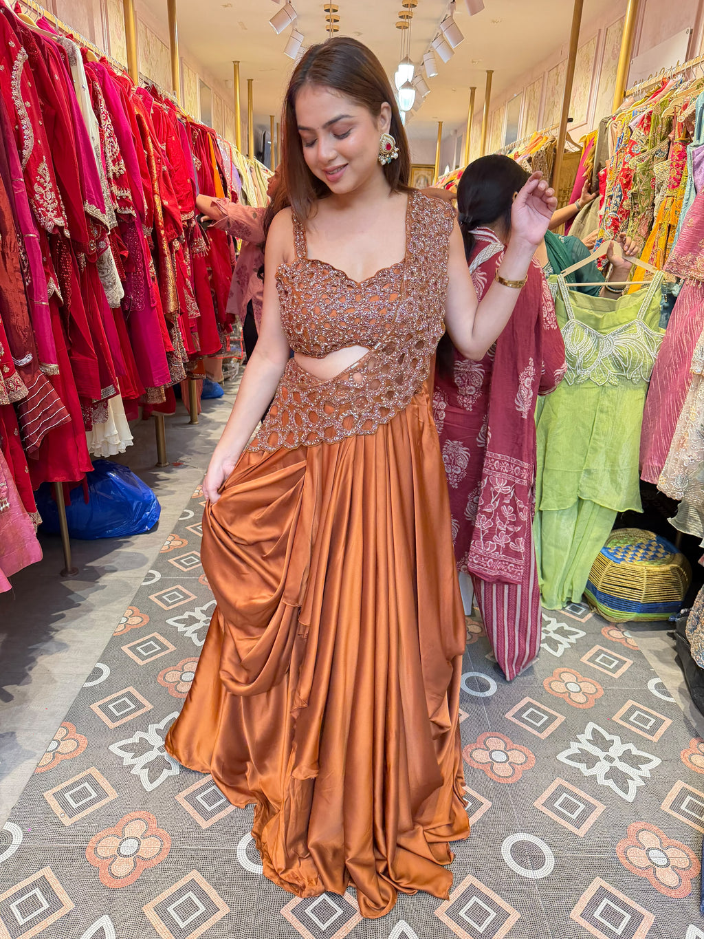 Copper Bronze Draped Lehenga with Embellished Asymmetric Blouse