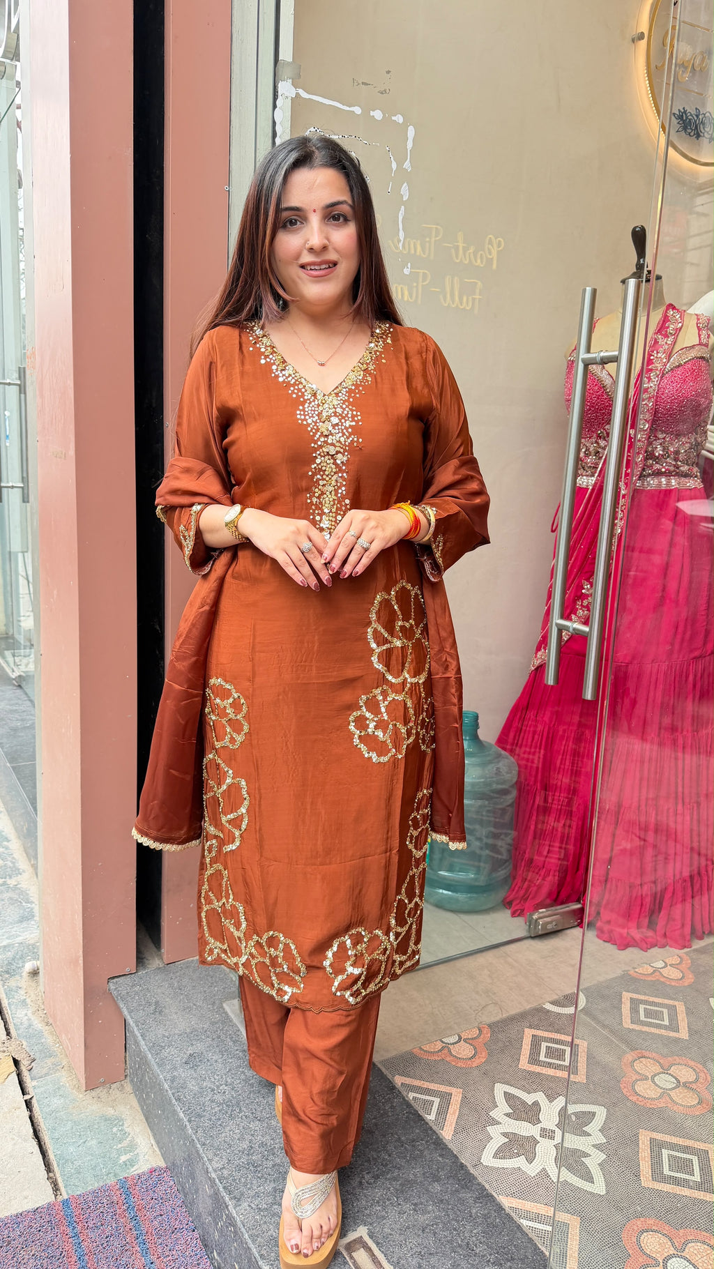 Rust Brown Straight-Cut Kurta Set with Floral Cutwork Embroidery