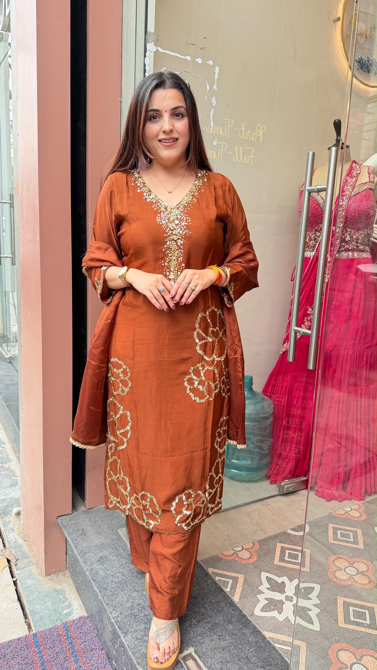Rust Brown Straight-Cut Kurta Set with Floral Cutwork Embroidery