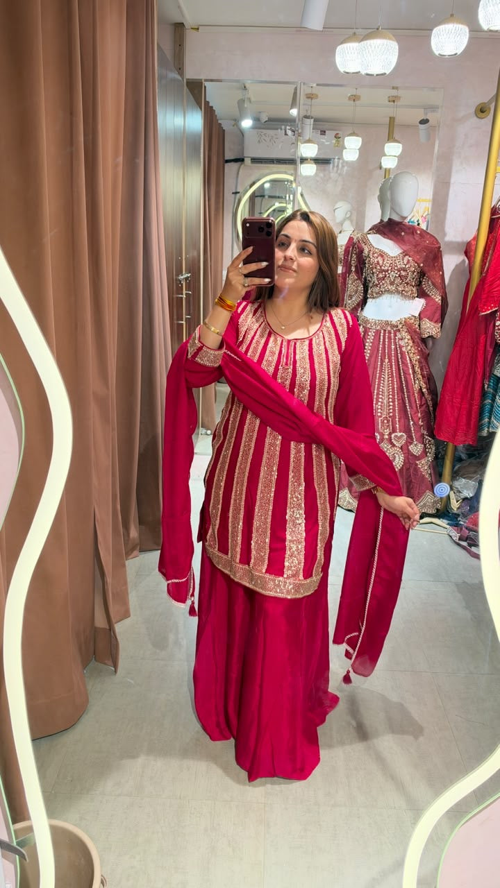 Gold Work Embroidered Kurti with Sharara and Dupatta