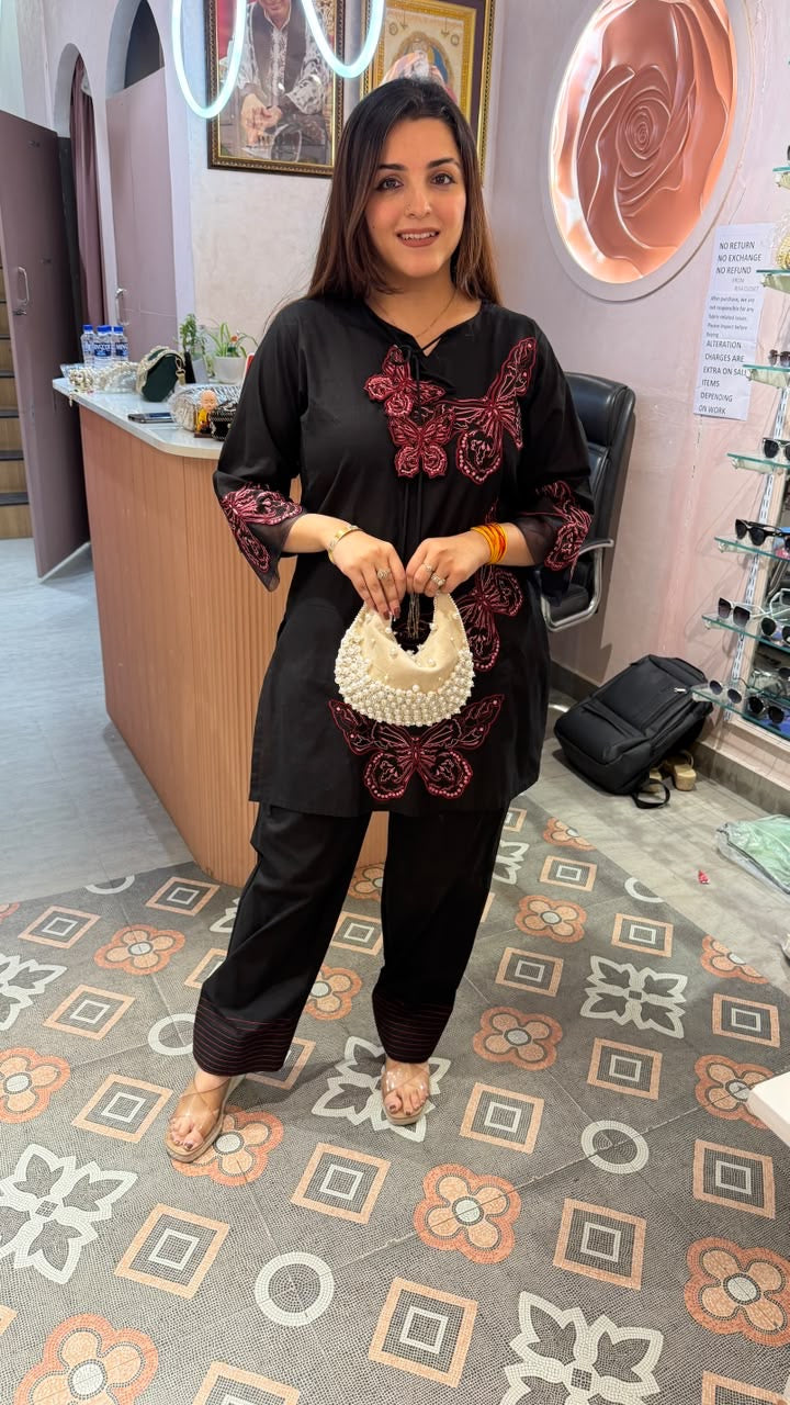 Untitled Black Embroidered Butterfly Motif Kurta Pant Set