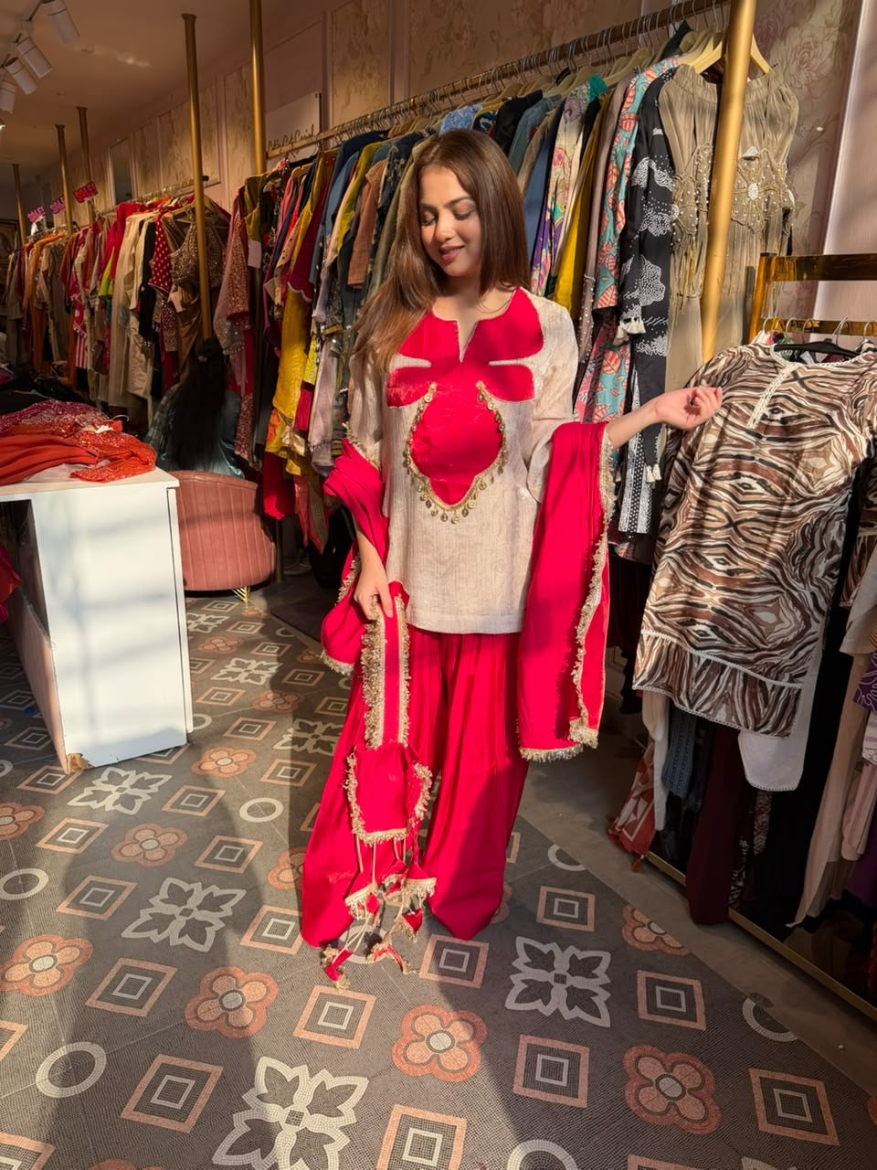 Fuchsia Peplum Kurta with Gharara & Dupatta Set