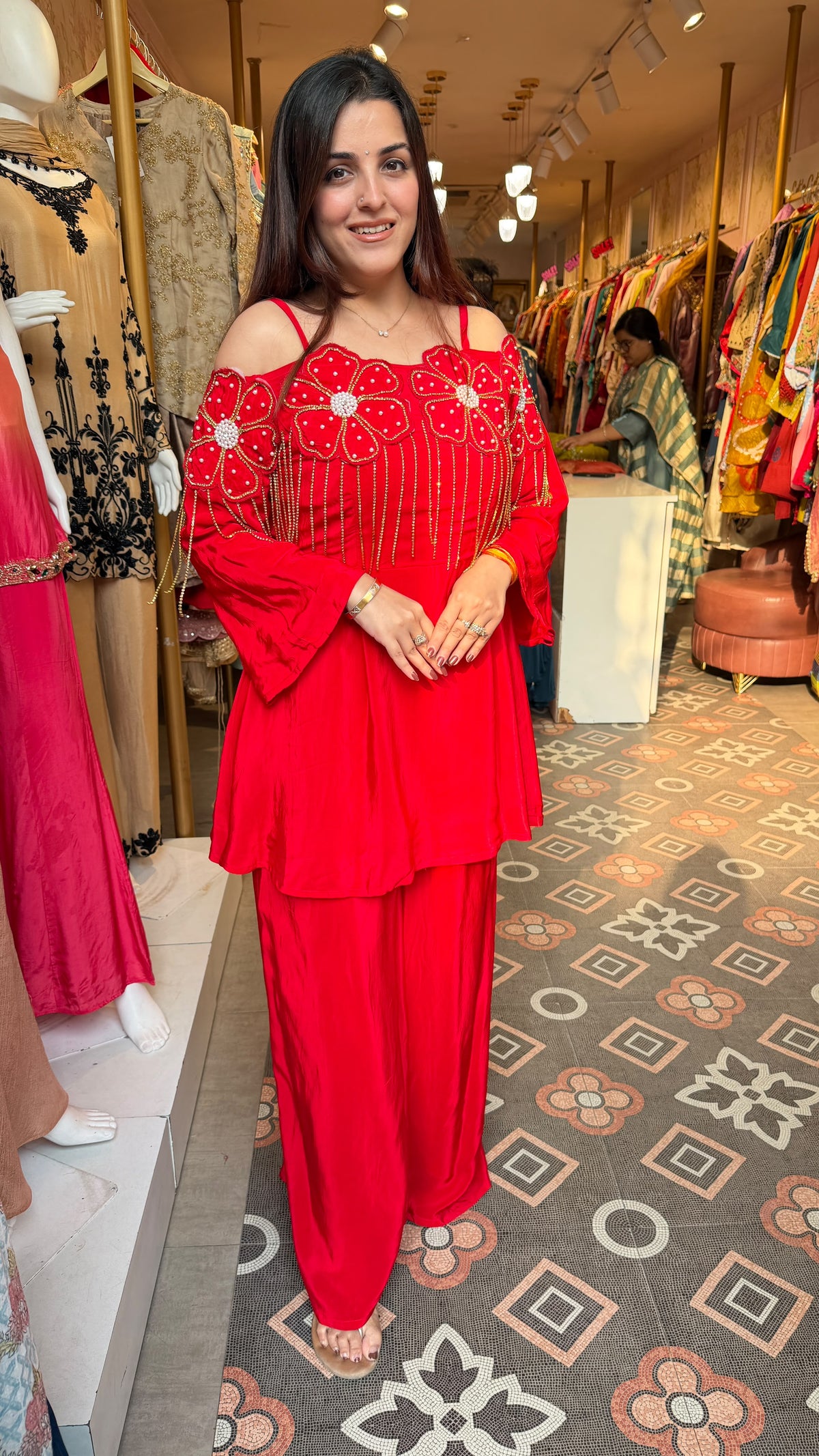 Off-Shoulder Embellished Peplum Sharara Set