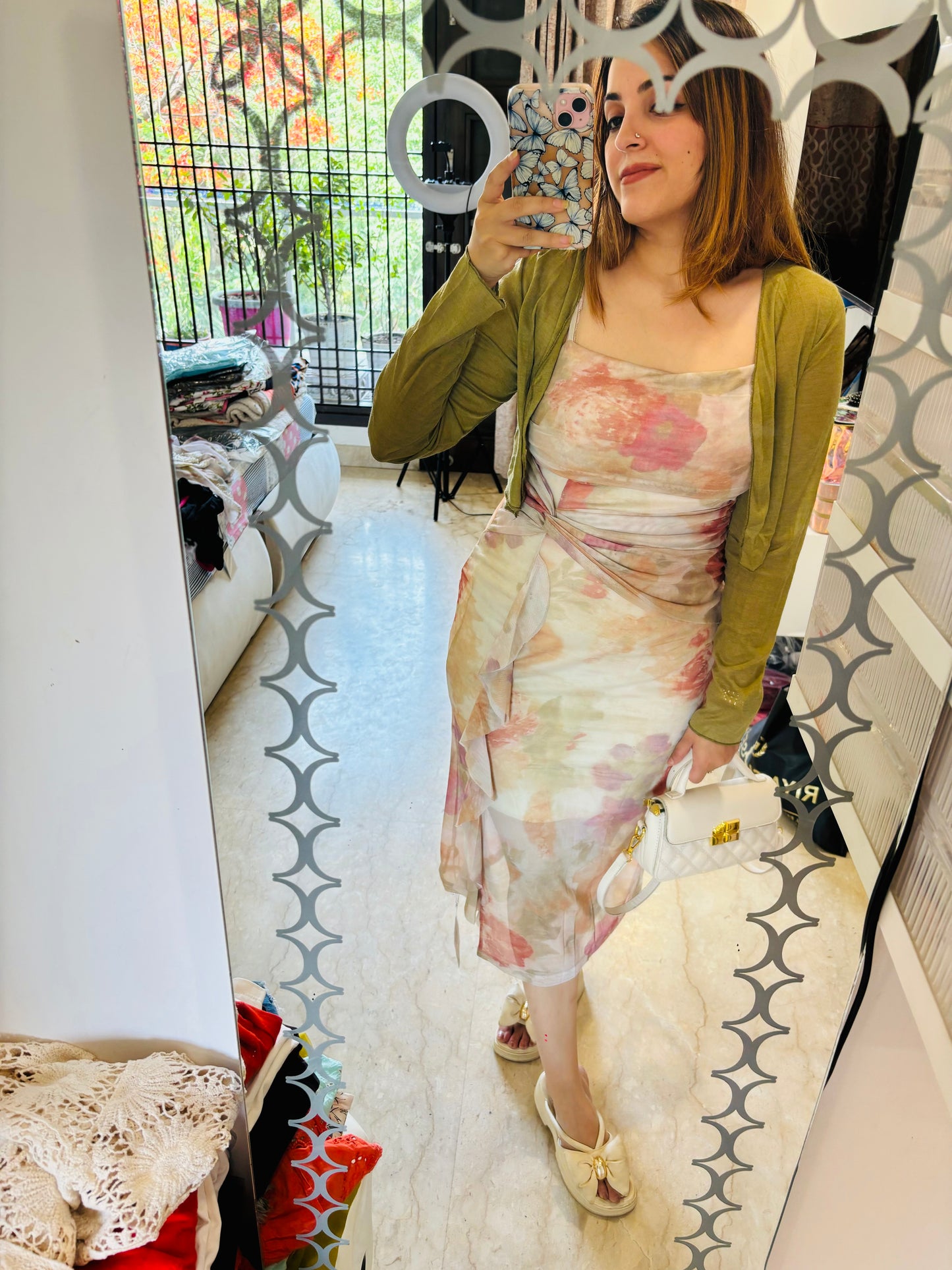 Tye & dye print strap dress with shrug