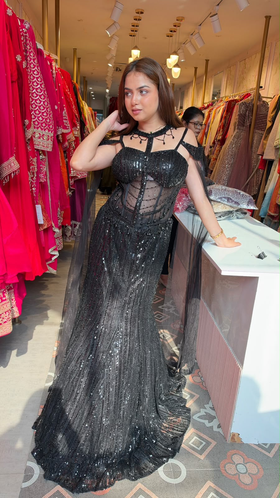 Sequin Glamour Gown with Sheer Corset Bodice