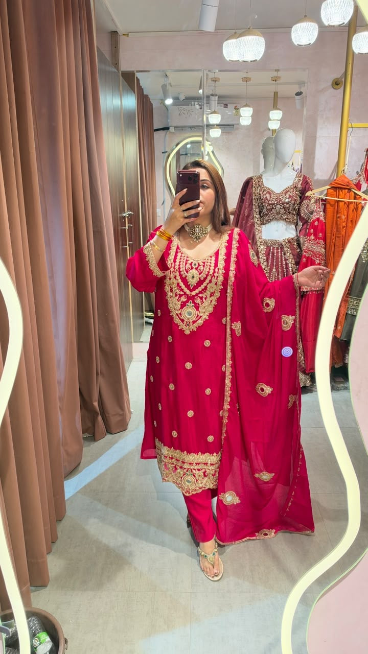 Regal Red Embroidered Straight-Cut Suit