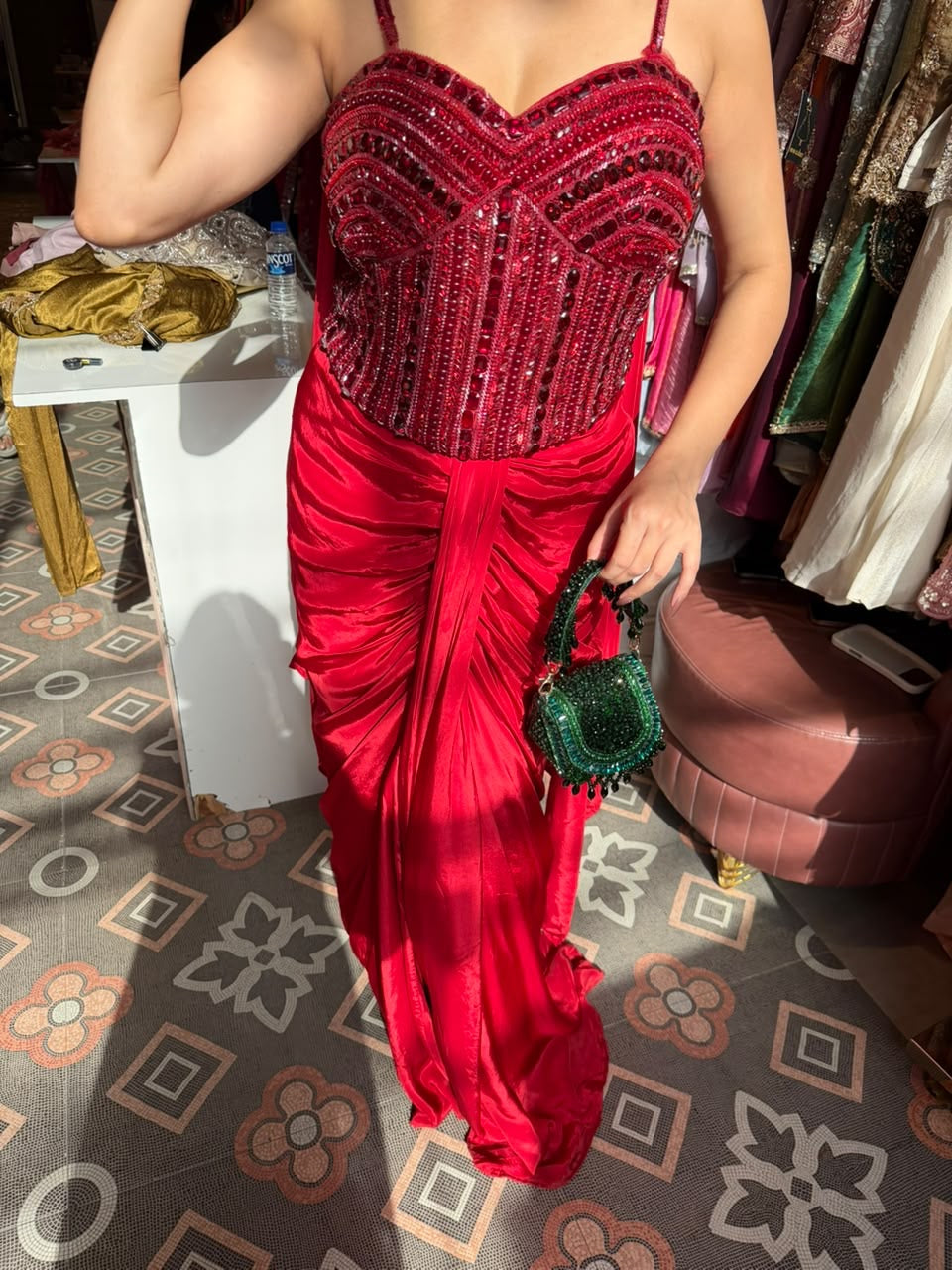 Red Sequin Corset Top with Draped Skirt