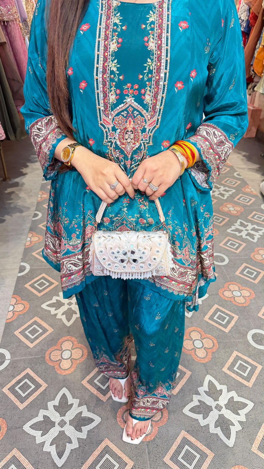 Teal Blue Printed Punjabi Patiala Suit Set