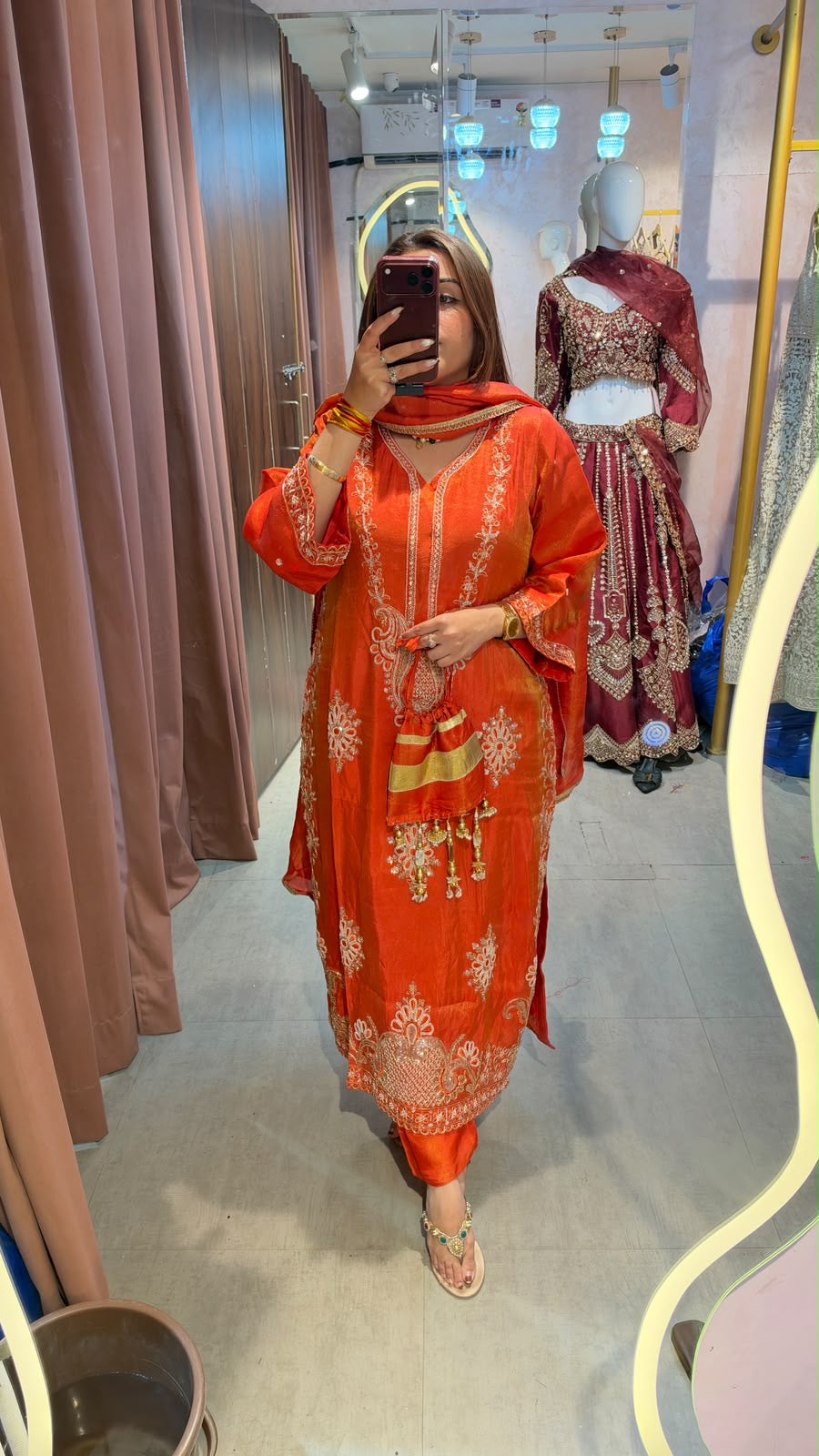 Traditional Orange Embroidered Straight-Cut Suit with Matching Dupatta