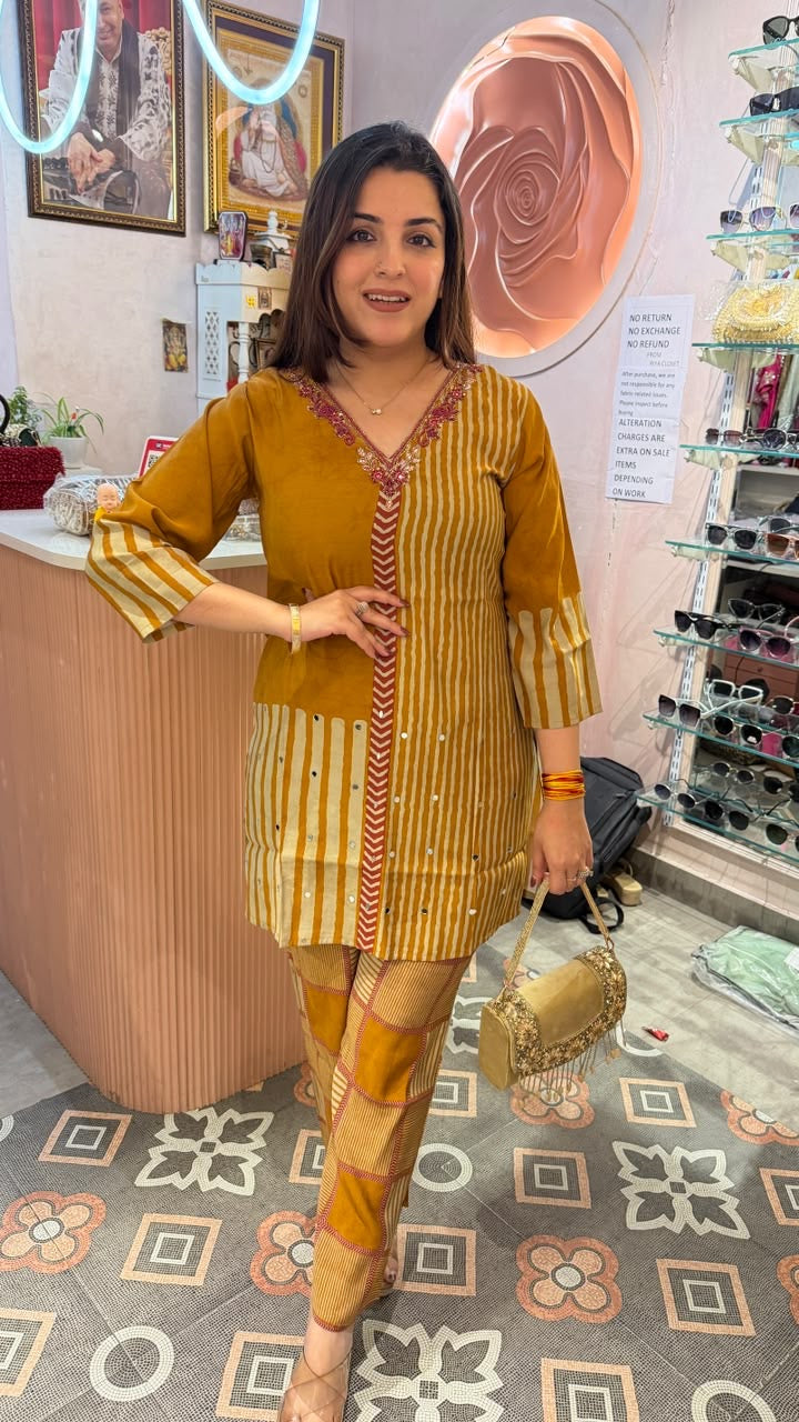 Mustard Yellow Striped Printed Kurta Pant Set