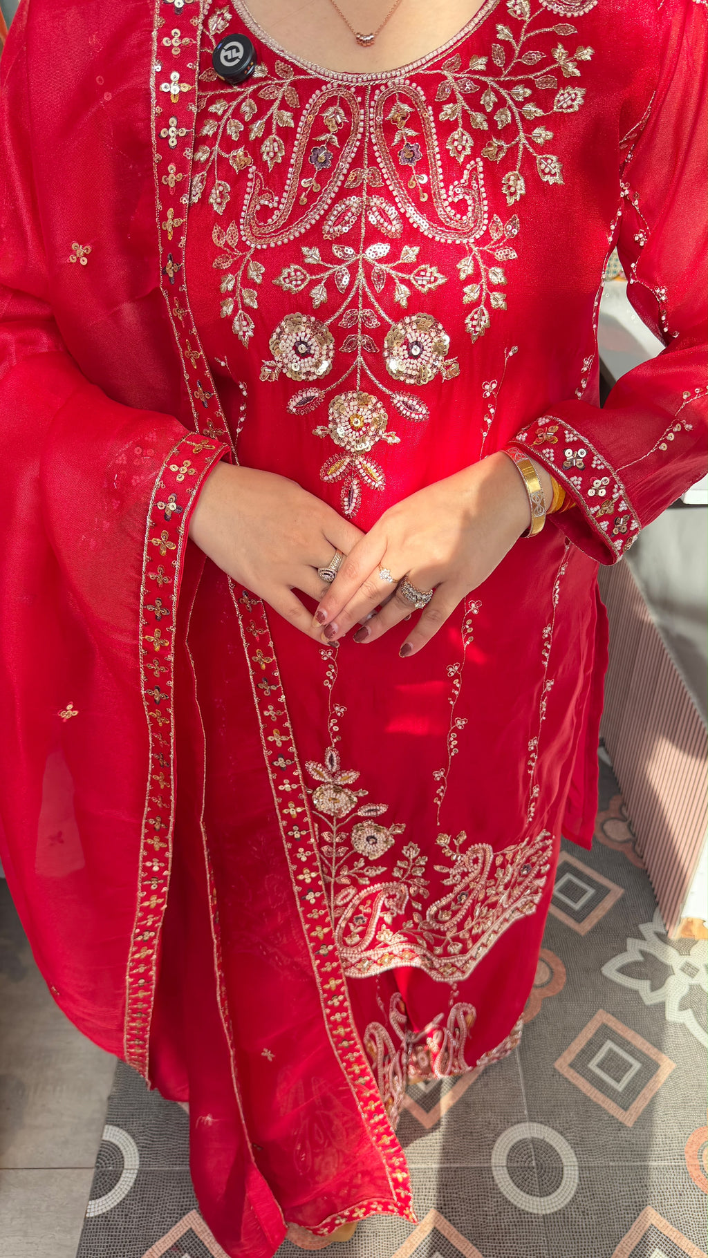 Red Embroidered Straight-Cut Kurta Palazzo Suit