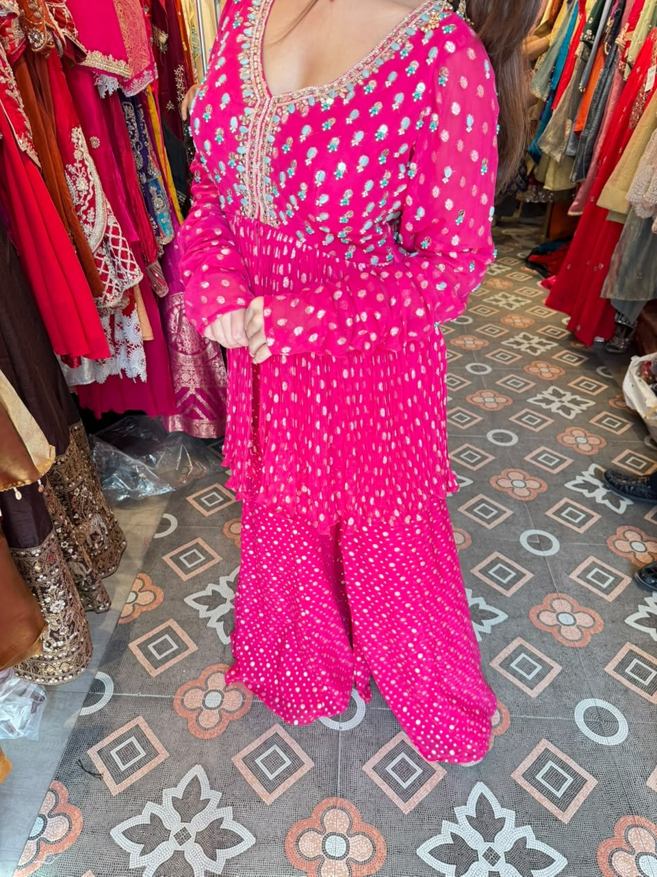 Hot Pink Embroidered Peplum Sharara Suit