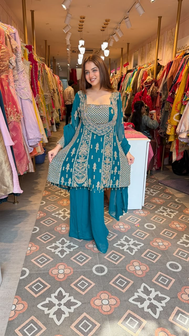 Red Embroidered Angrakha Short Style Kurta Sharara Set