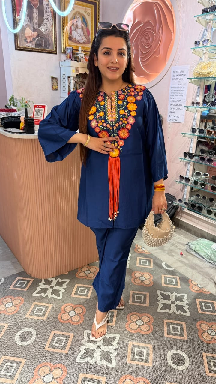 Navy Blue Embroidered Indo-Western Kurta Co-ord Set