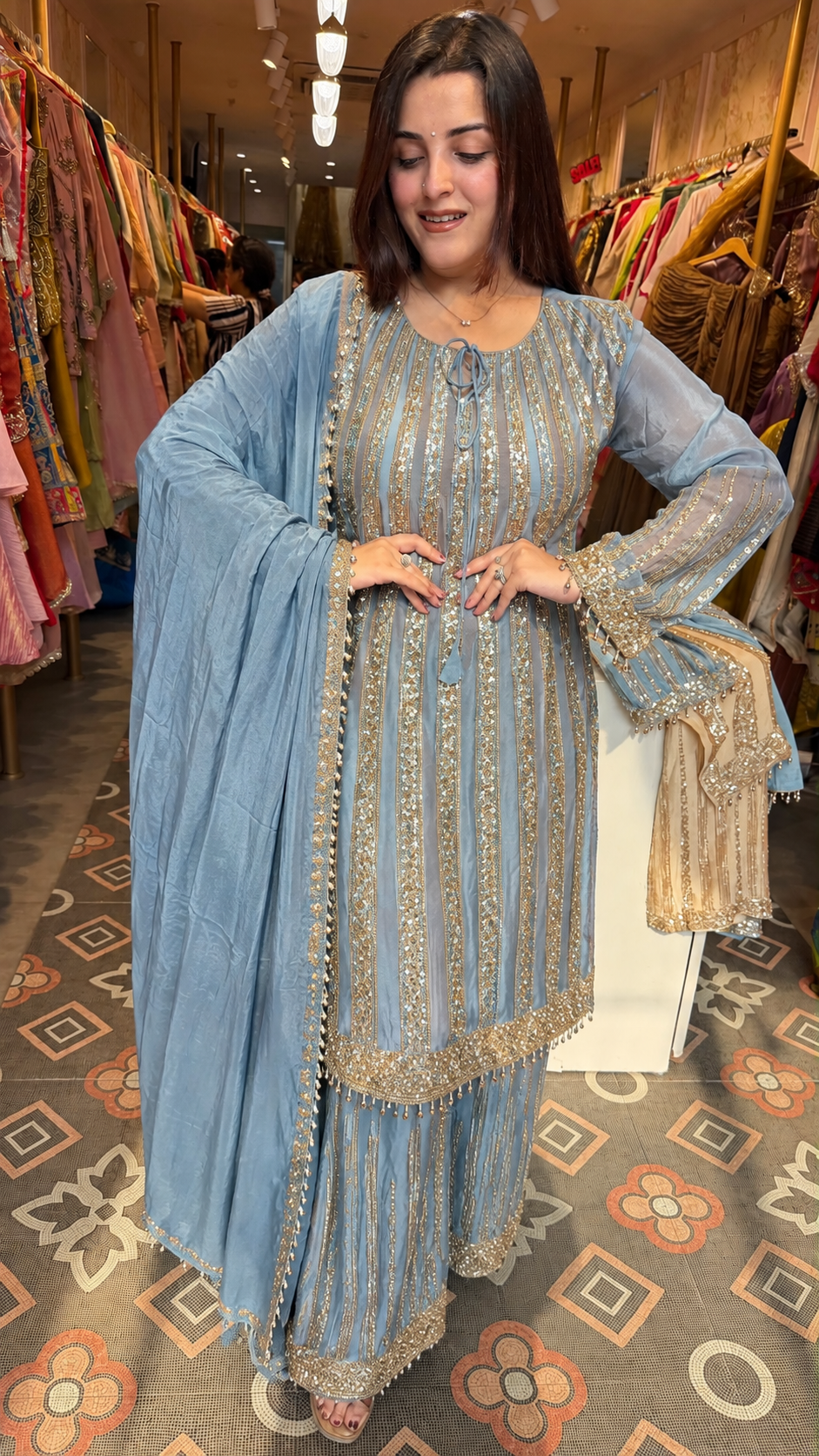 Embroidered Sequin-Striped Kurta Pant Set