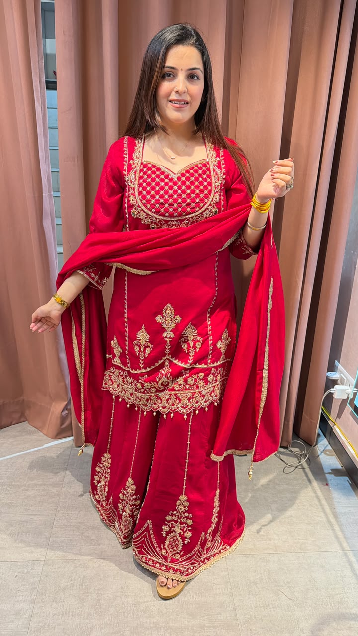 Embroidered Red Velvet-Style Peplum Gharara Set
