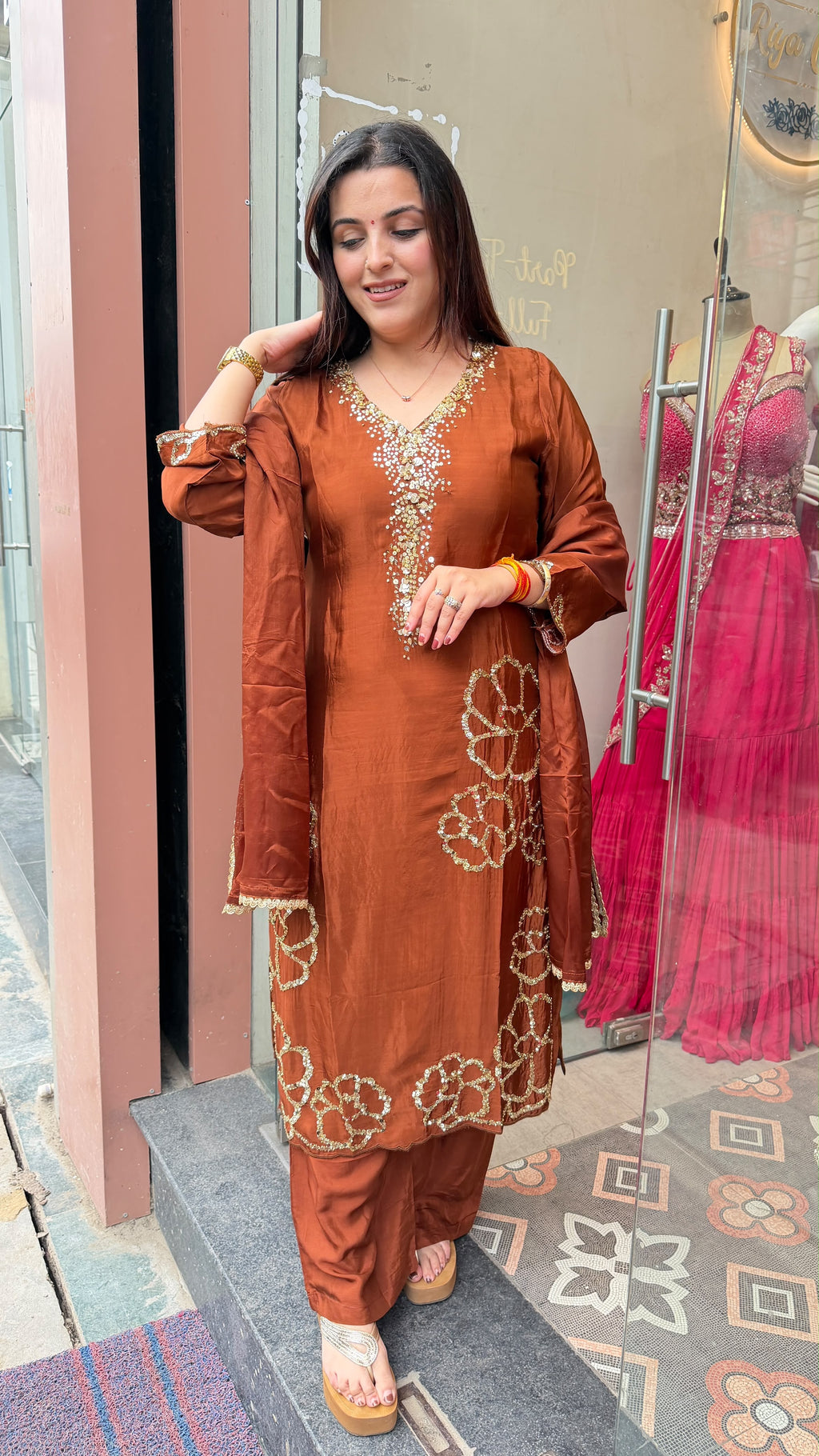 Rust Brown Straight-Cut Kurta Set with Floral Cutwork Embroidery