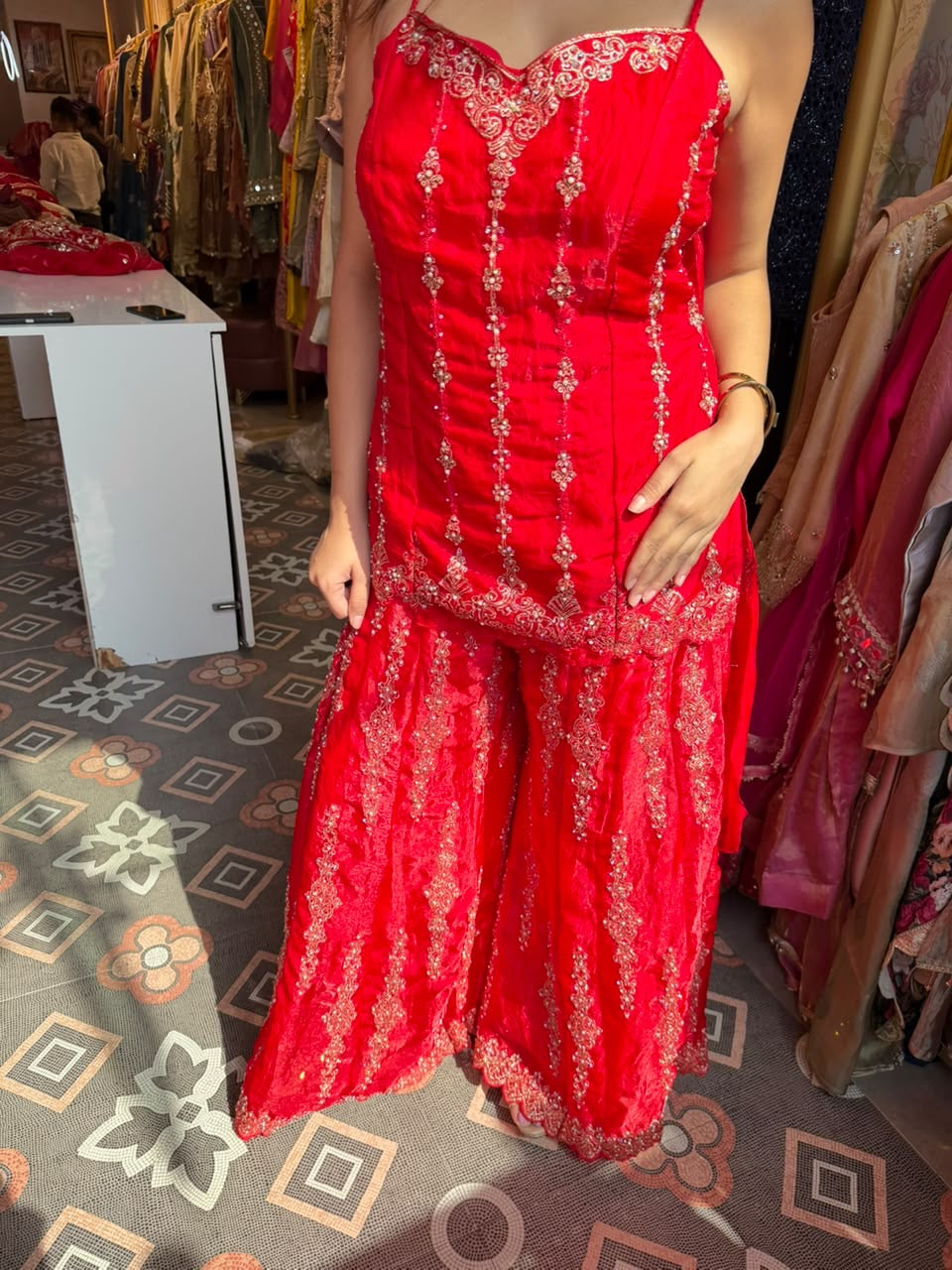 Red Embroidered Sharara Suit with Sleeveless Peplum Top
