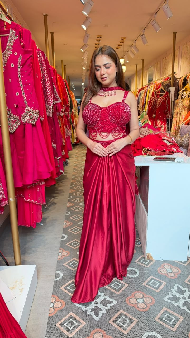 Designer Satin Drape Skirt with Beaded Cutwork Blouse