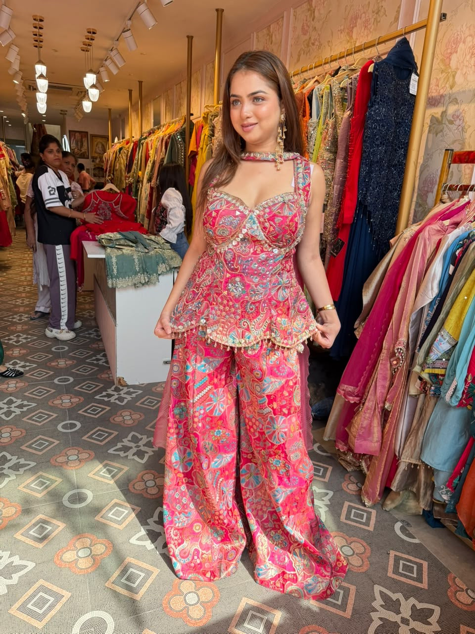 Embroidered Peplum Palazzo Co-ord Set with Dupatta