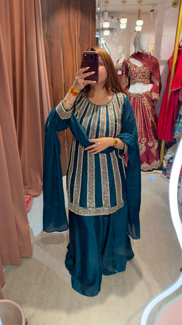 Gold Work Embroidered Kurti with Sharara and Dupatta