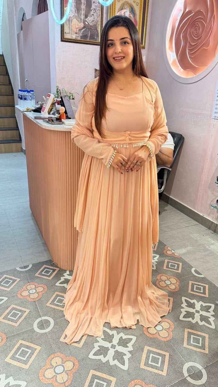 Peach Georgette Pleated Gown-Style Suit