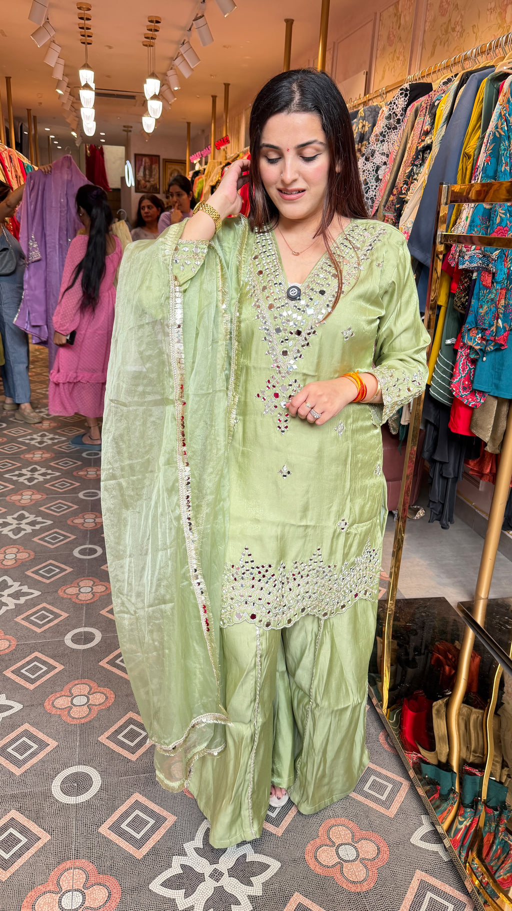 Chikankari-Style Kurta with Palazzo Pants & Dupatta Set