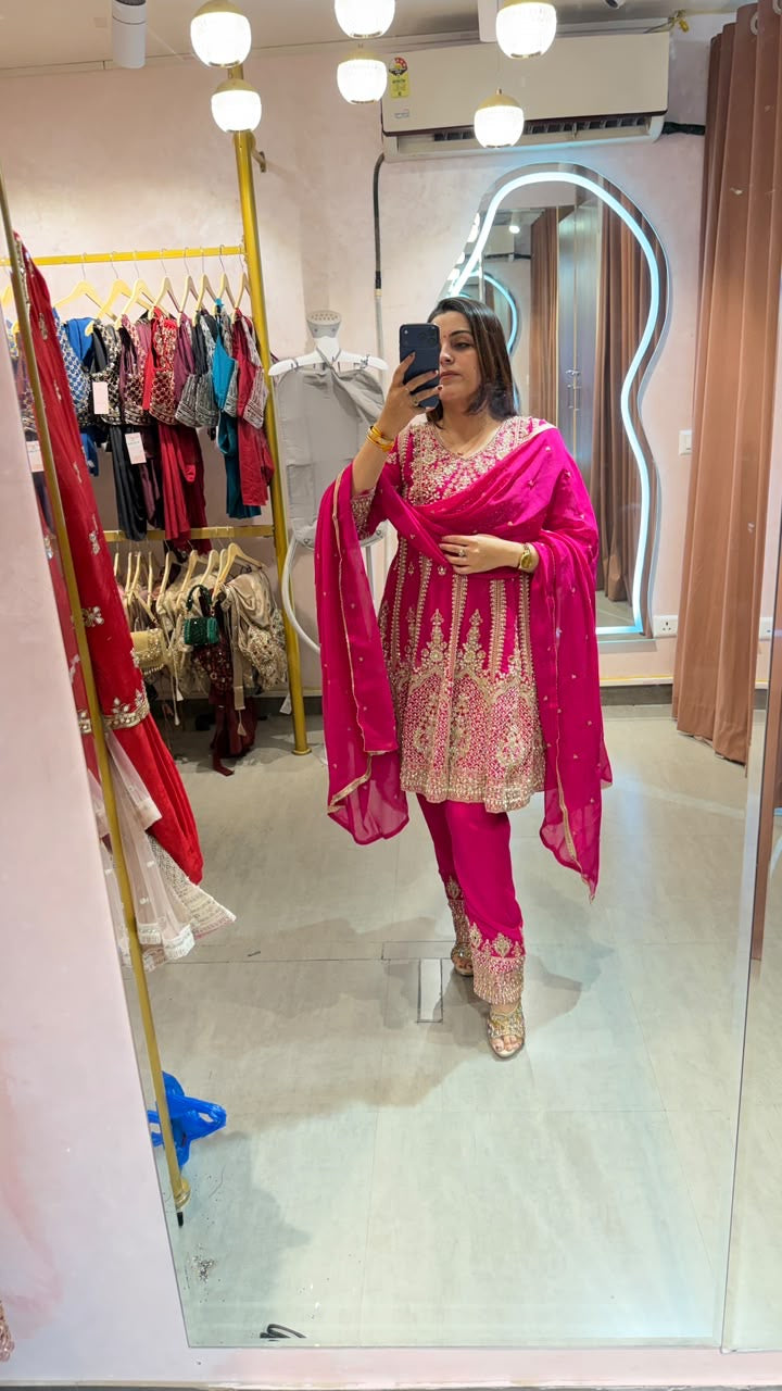 Rani Pink Embroidered Angrakha-Style Kurta Pant Set with Dupatta
