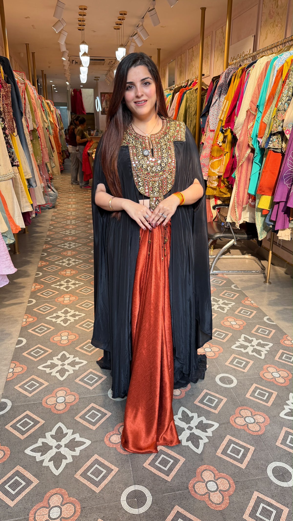 Black Cape-Style Kurta with Rust Satin Palazzo Pants