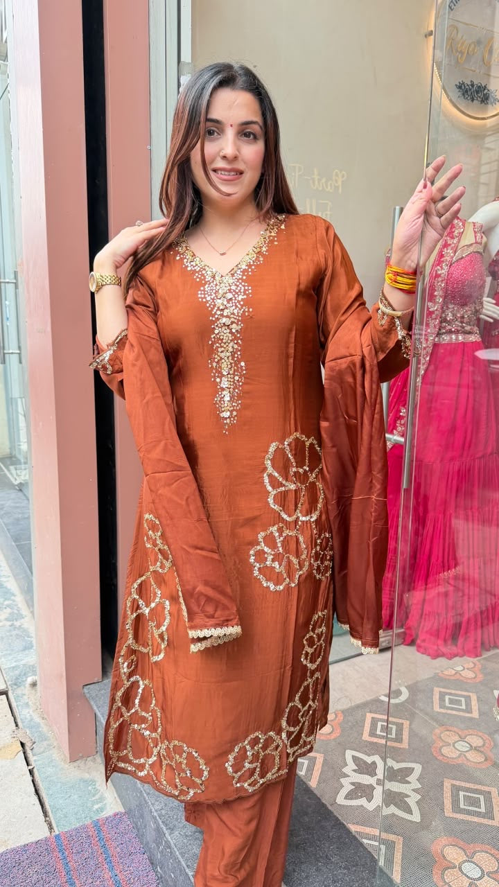 Rust Brown Straight-Cut Kurta Set with Floral Cutwork Embroidery