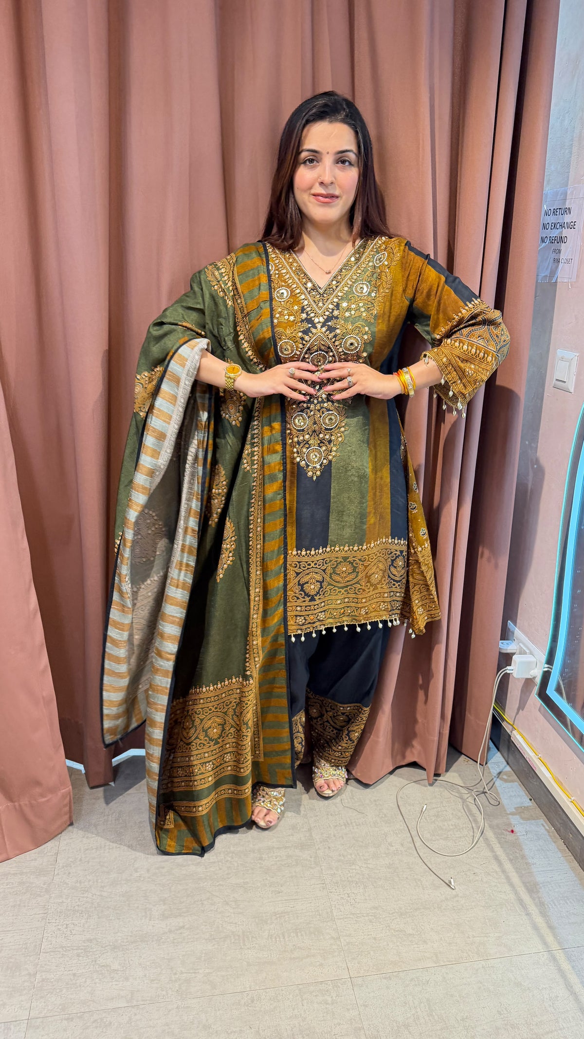 Olive Green & Mustard Pakistani-Style Embroidered 3-Piece Suit