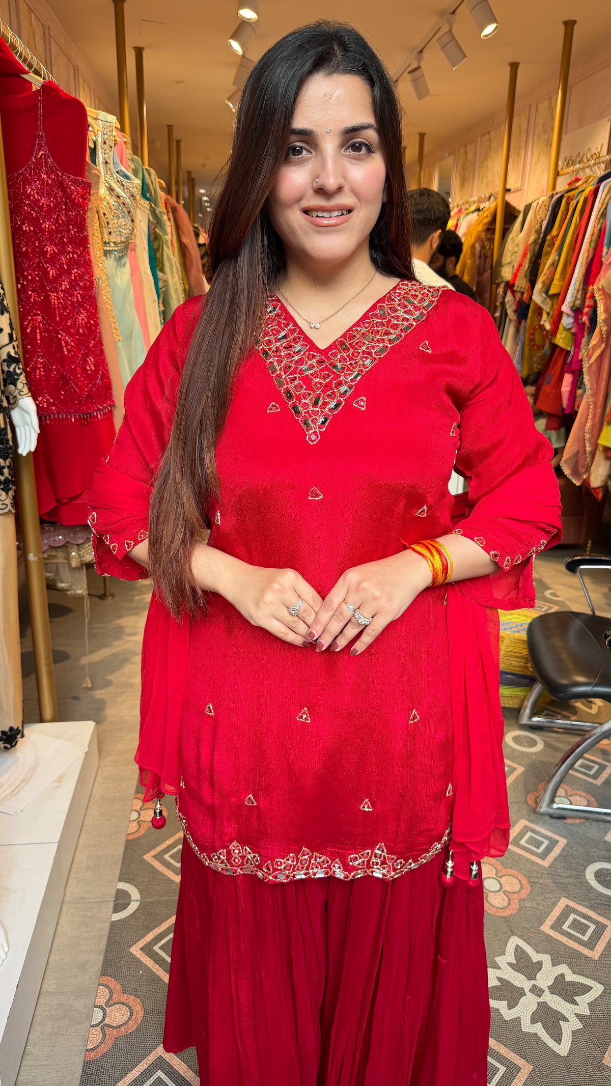 Red Embroidered Peplum Kurta with Sharara Set