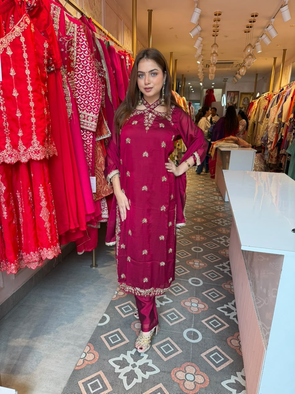Wine Magenta Embroidered Straight-Cut Suit Set