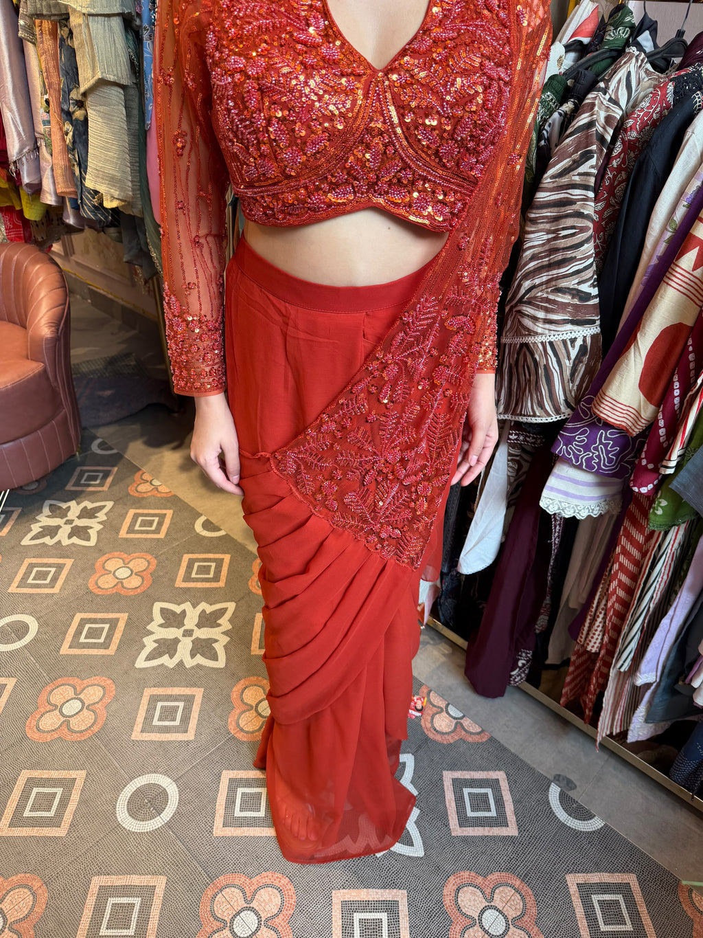 Fuchsia Pink Pre-Draped Saree with Embroidered Blouse