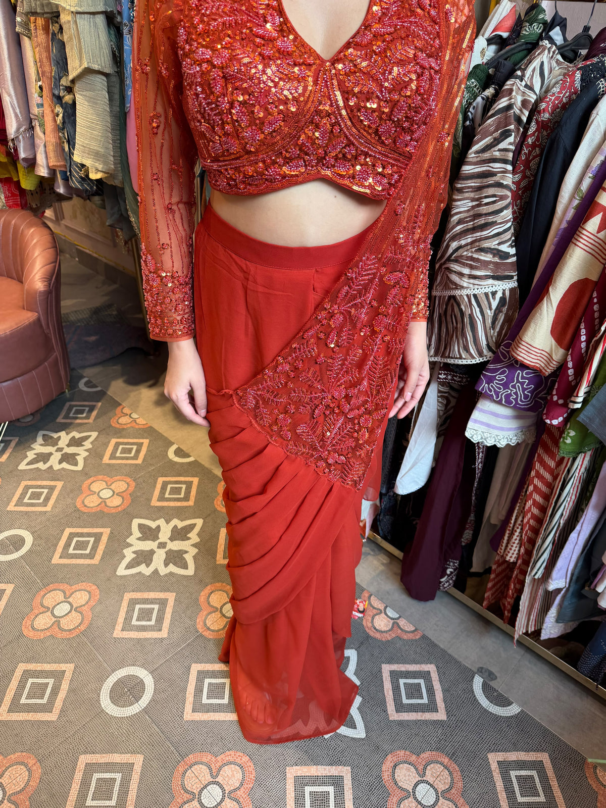 Fuchsia Pink Pre-Draped Saree with Embroidered Blouse