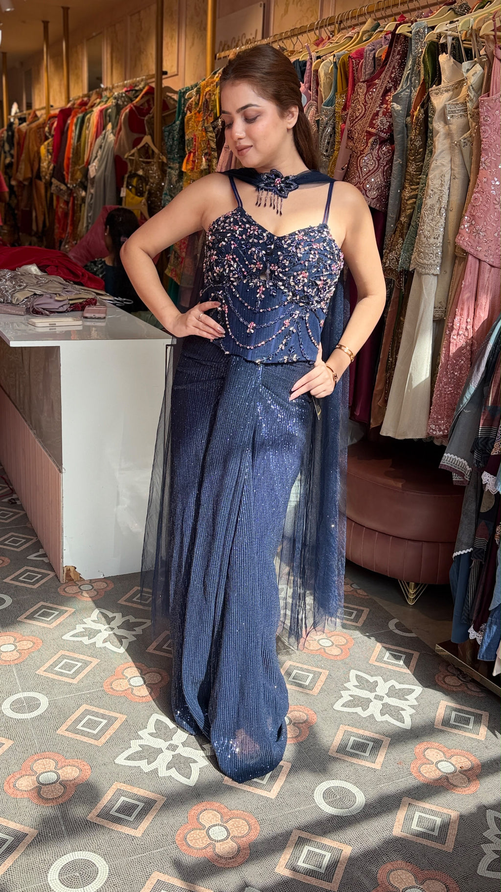 Sequin Corset Top with Wide-Leg Palazzo Pants