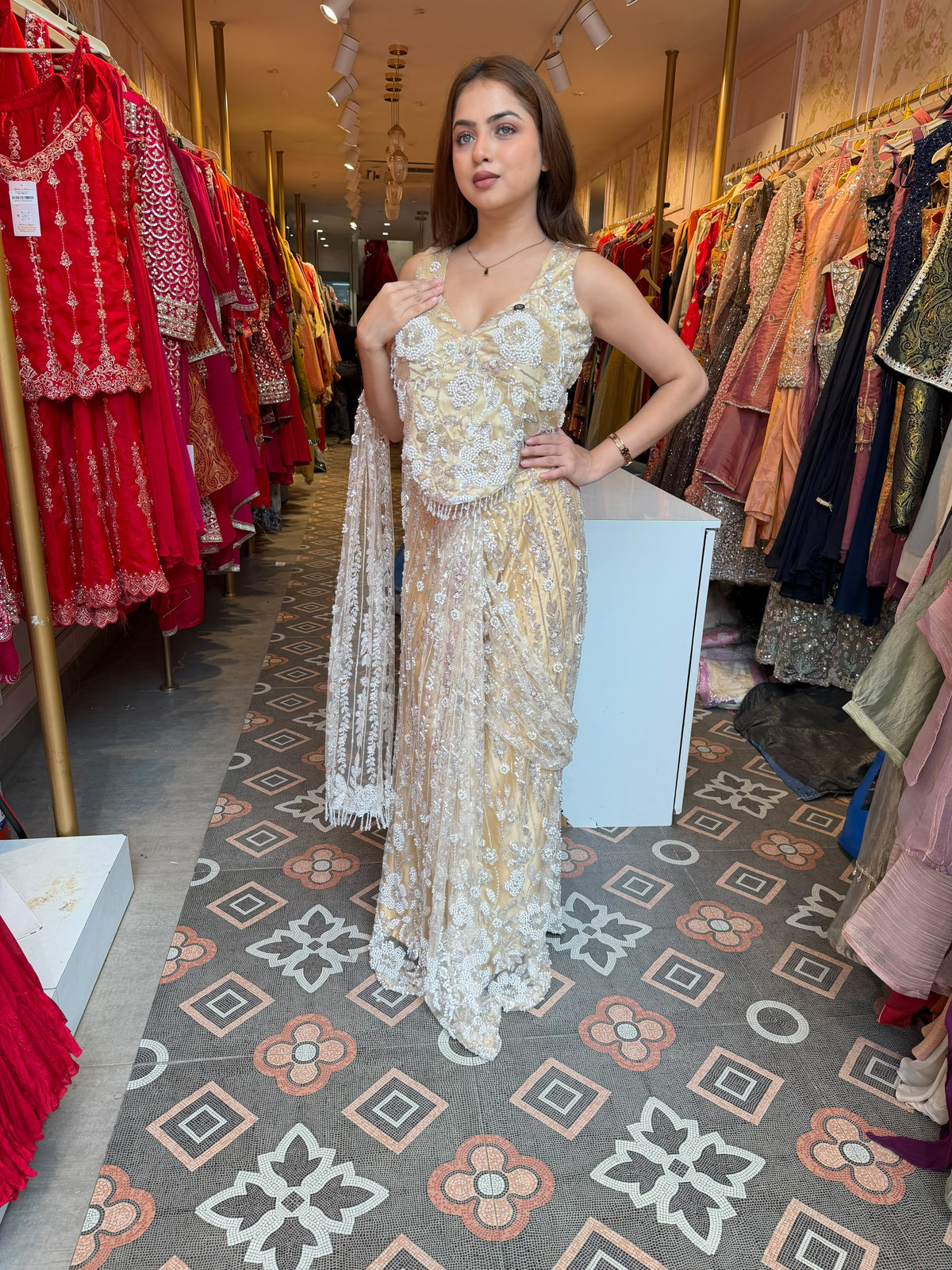 Luxury Champagne Gold Embellished Mermaid Gown with Sheer Dupatta