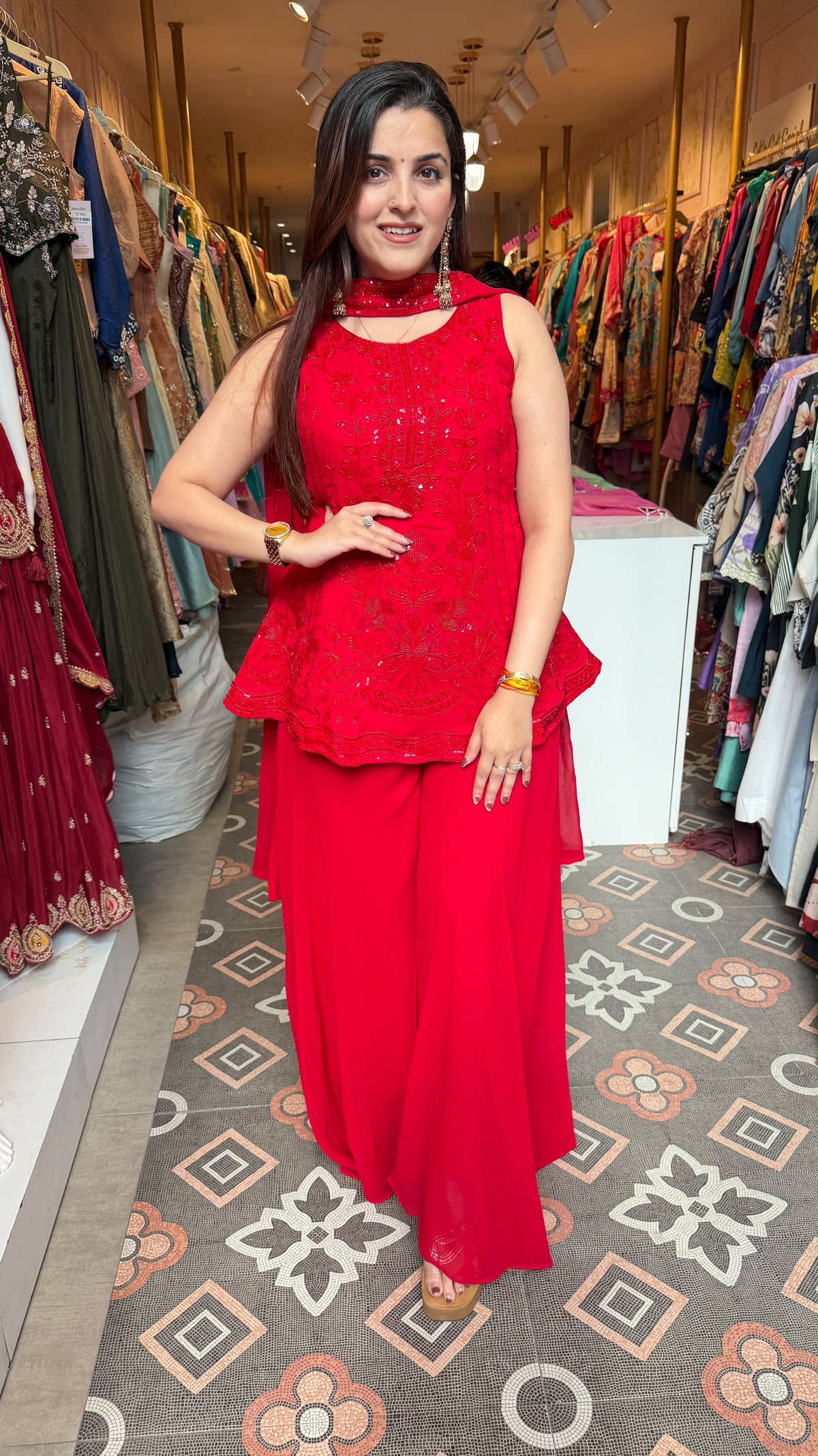 Red Embellished Indo-Western Peplum Gown / Palazzo Set
