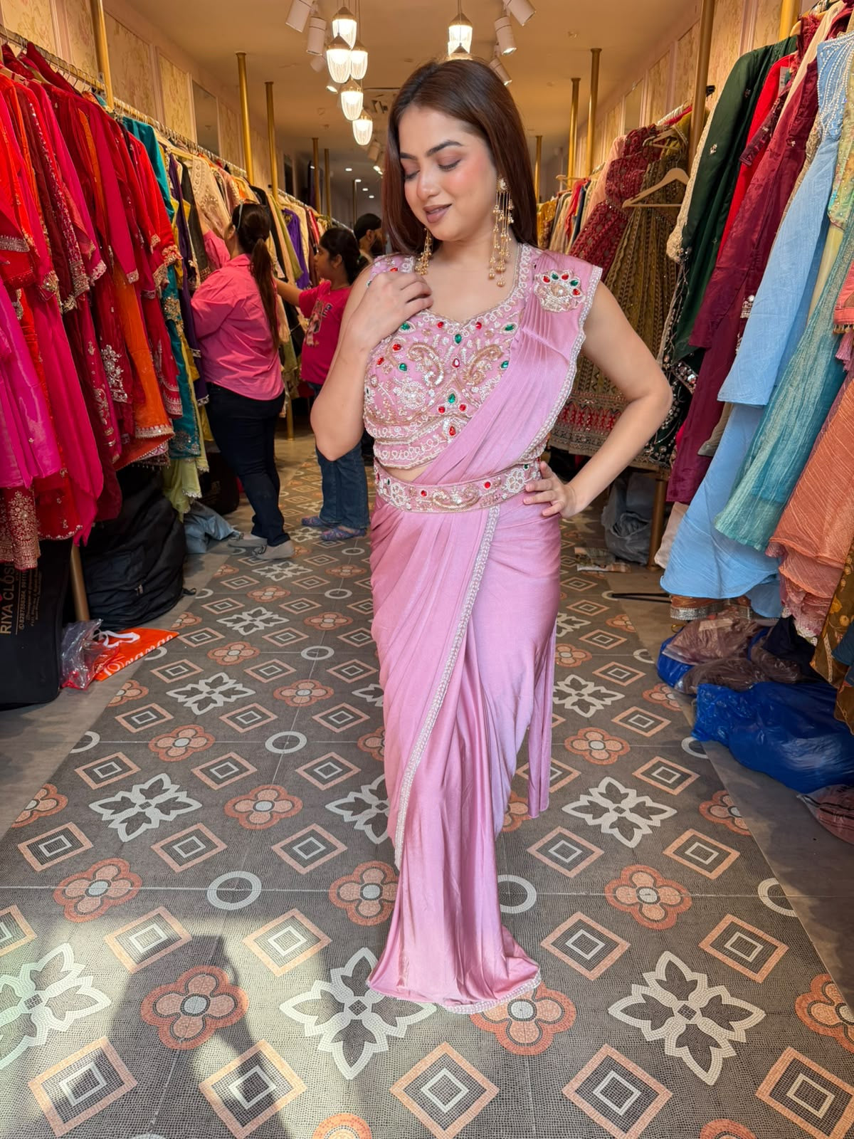 Pastel Pink Pre-Draped Saree with Embellished Sleeveless Blouse