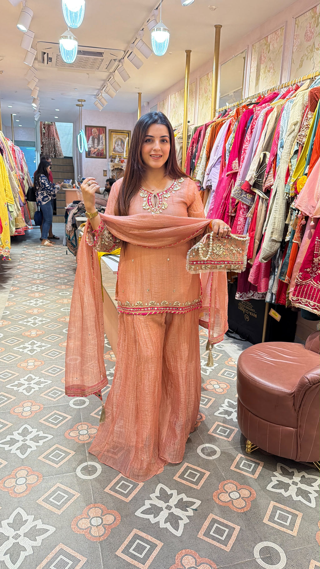 Peach Chanderi-Style Kurta Palazzo Set with Statement Embroidered Cuffs