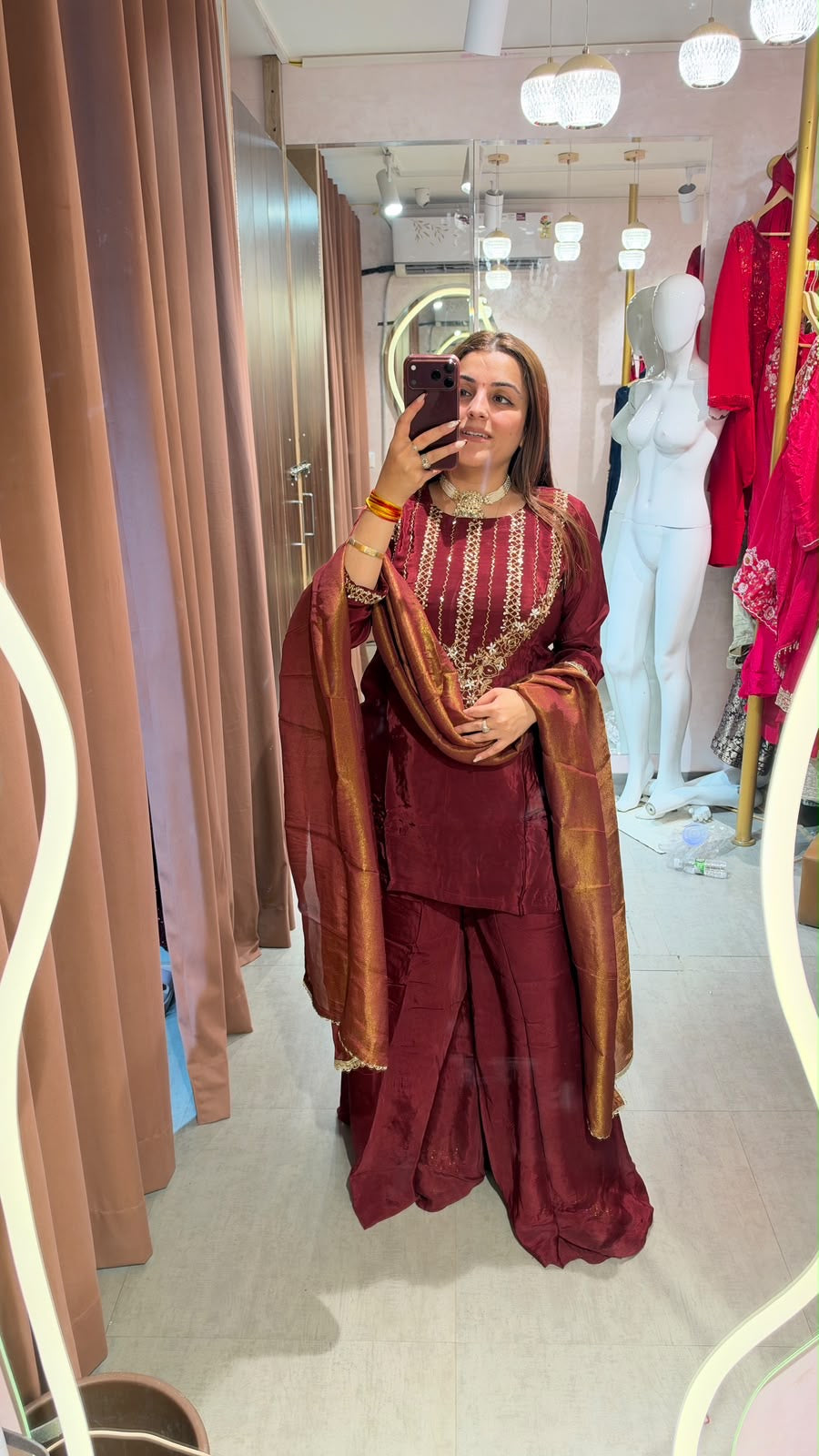 Wine Maroon Embroidered Punjabi Suit with Silk Dupatta