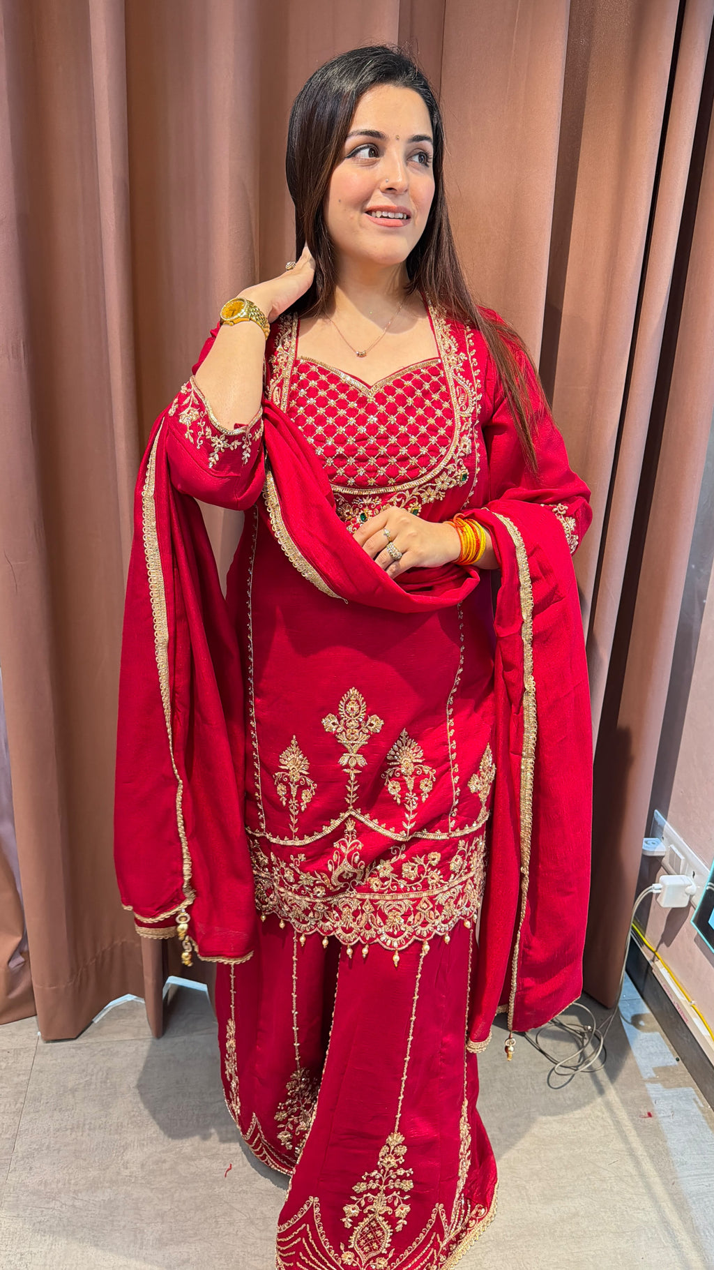 Embroidered Red Velvet-Style Peplum Gharara Set