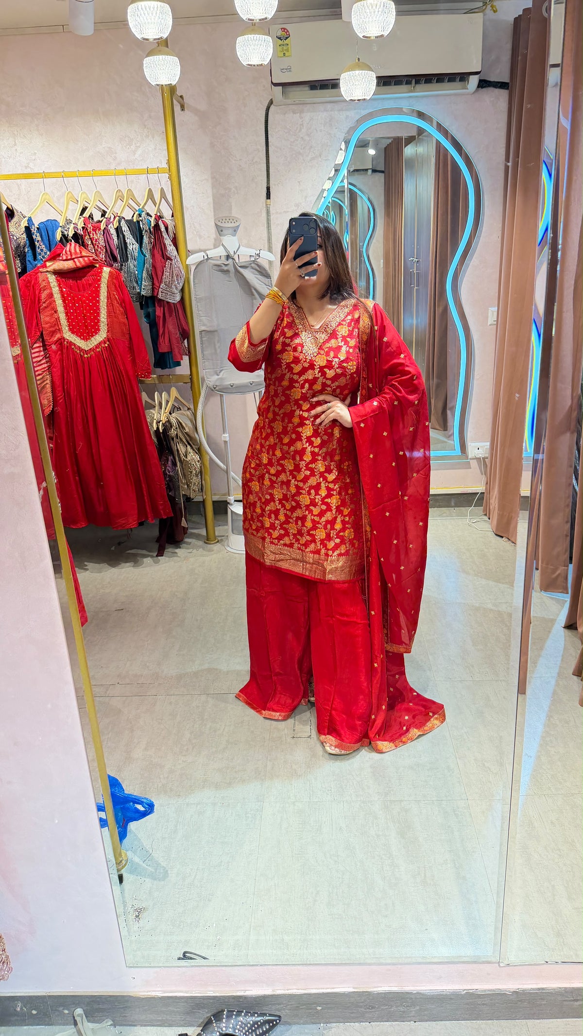 Red & Gold Embroidered Punjabi Suit with Flared Palazzo