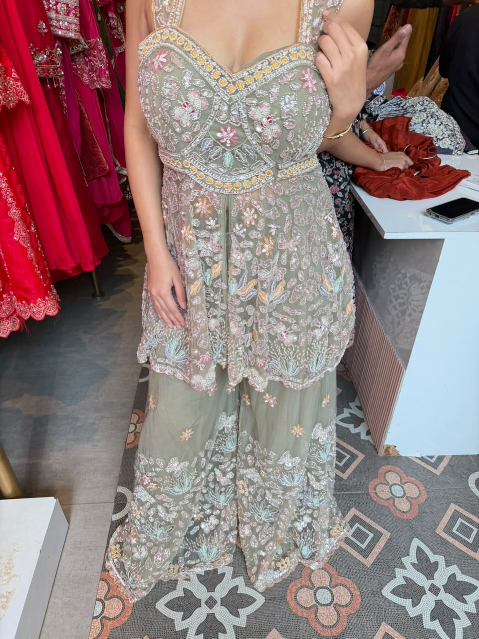 Green Embroidered Peplum Sharara Set