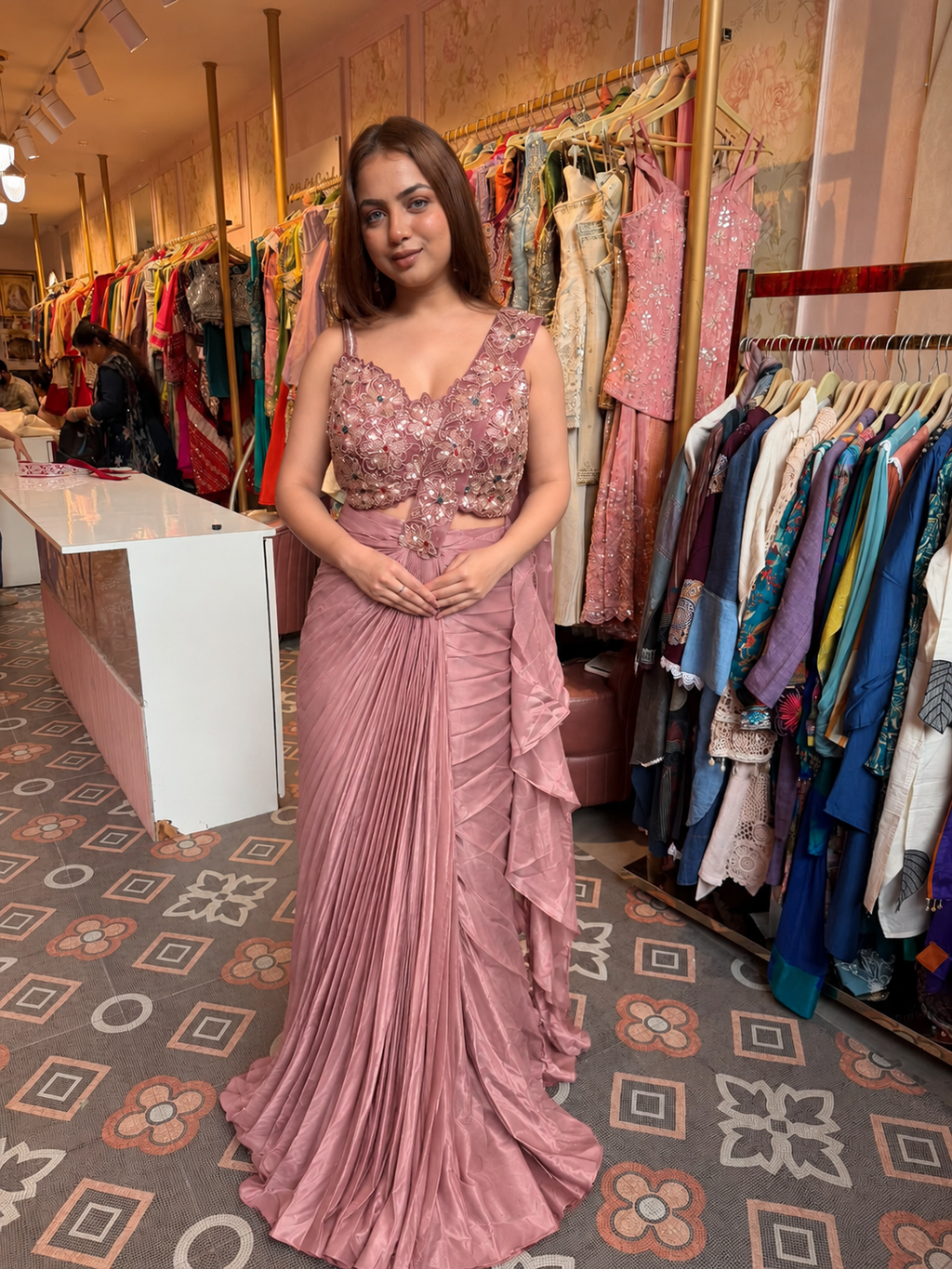 Draped Pre-Pleated Saree with Embellished Blouse