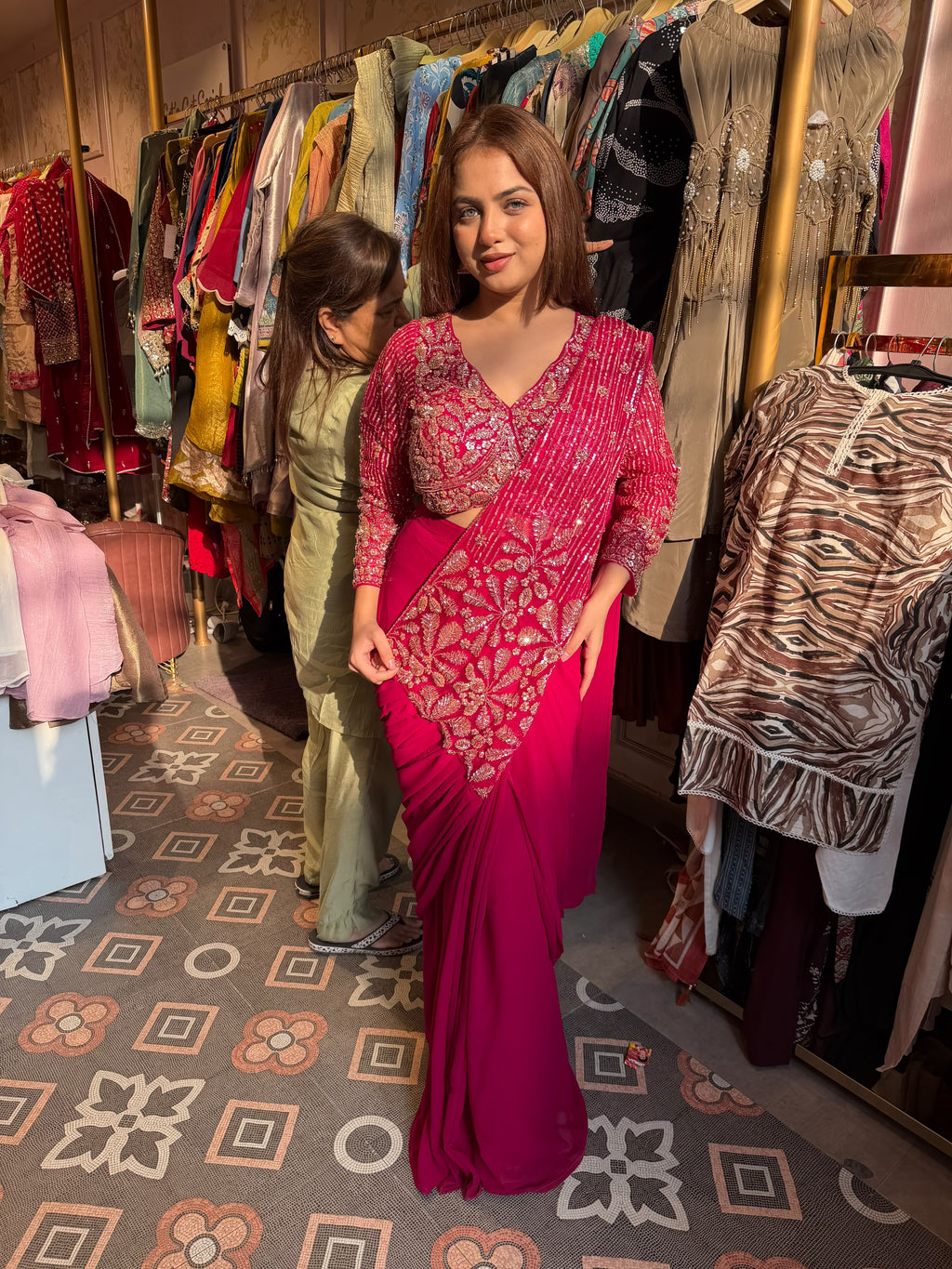 Fuchsia Pink Pre-Draped Saree with Embroidered Blouse