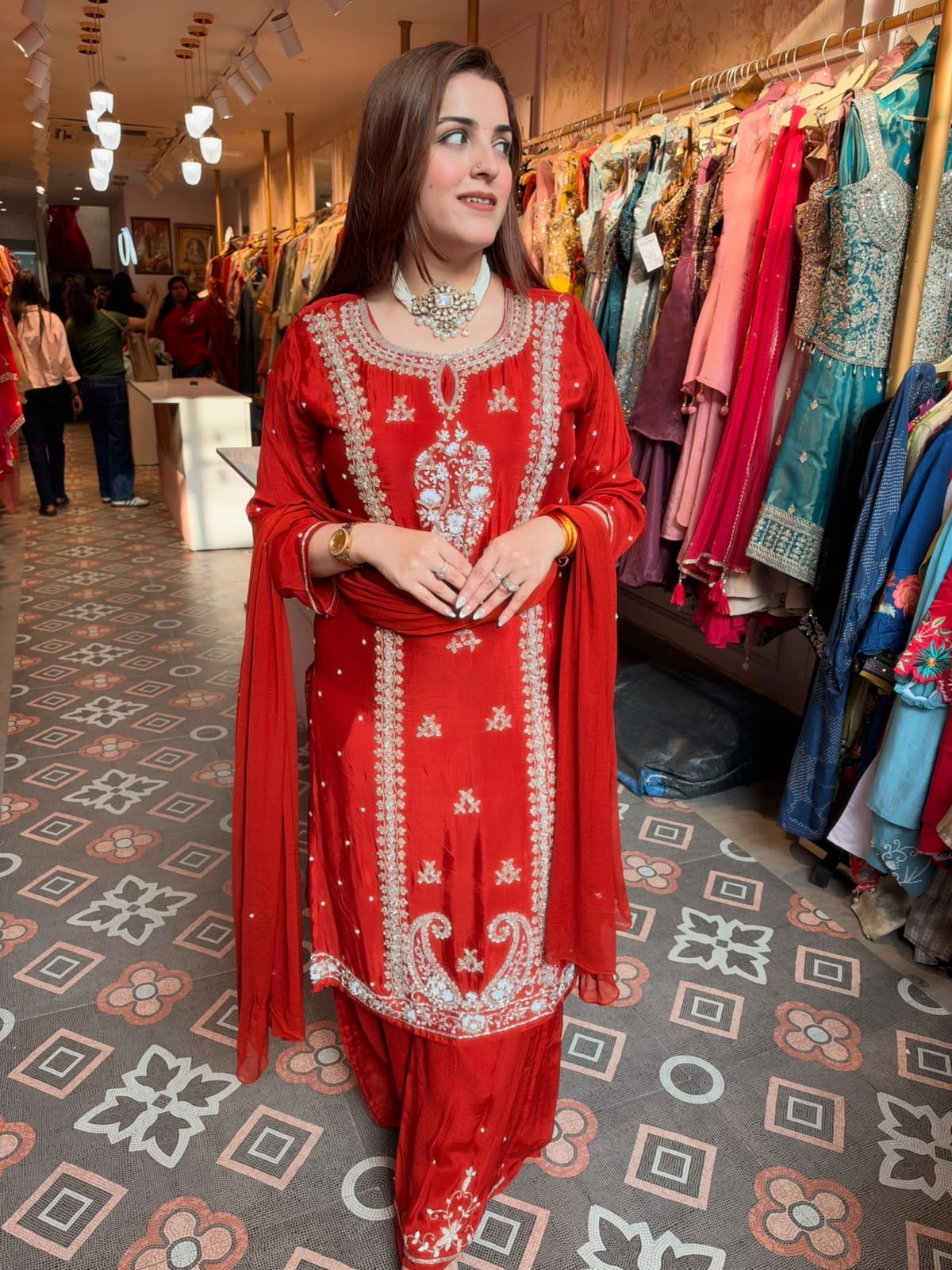 Elegant Red Embroidered Straight-Cut Punjabi Suit with Patiala Salwar