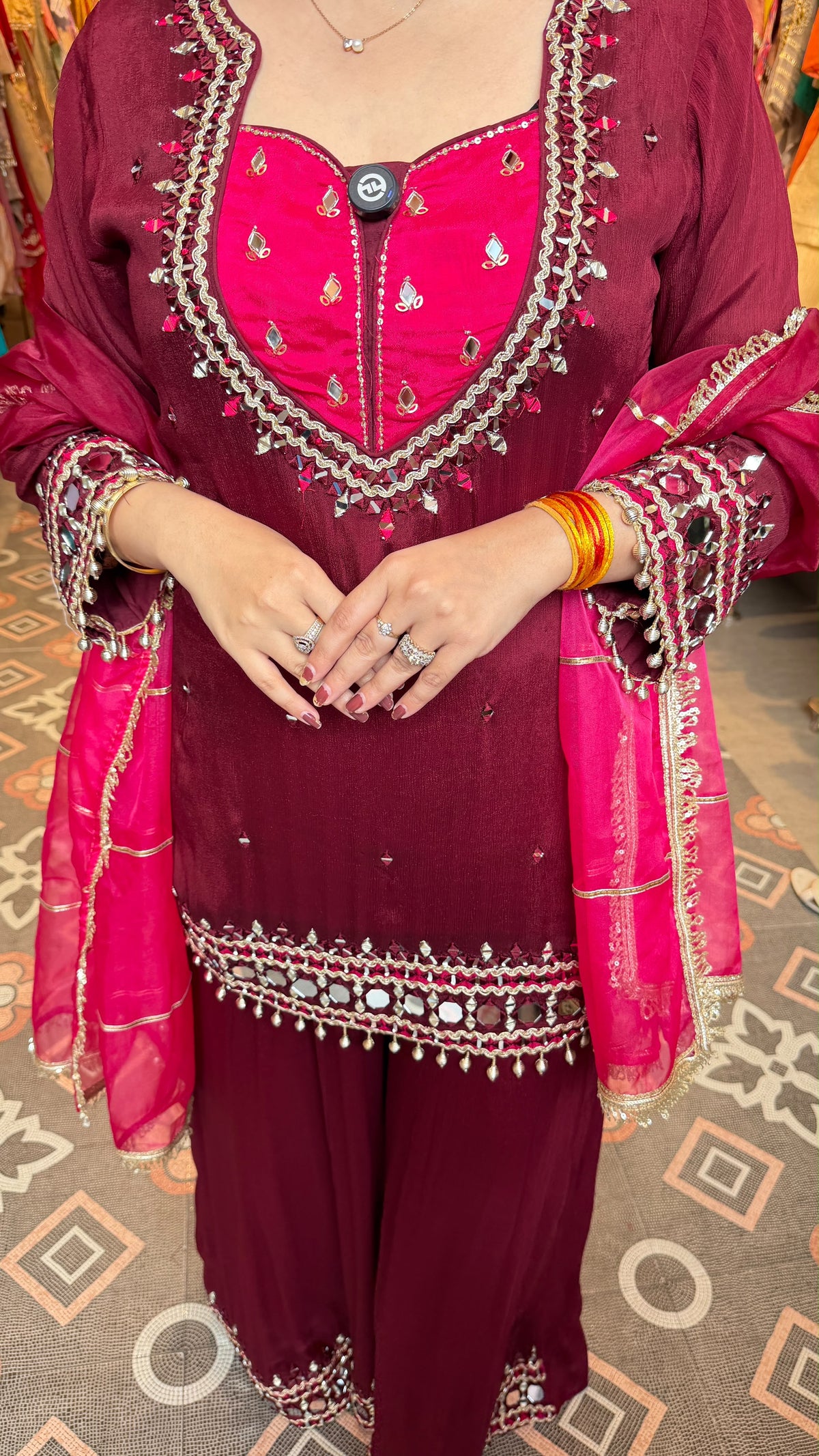 Mahogany Embroidered Straight Kurta with Palazzo Pants & Dupatta Se